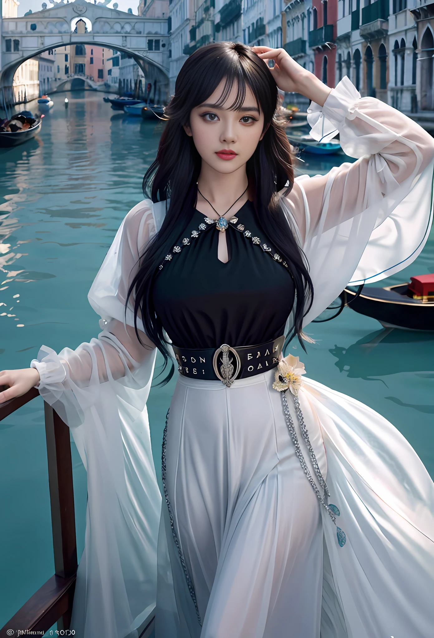 a hyper realistic ultra detailed photograph of a beautiful girl as a female 2020s dancer on the boat of 2020s Venice,(Bridge Of Sighs background),(princess eyes,shiny pupils), detailed symmetric beautiful hazel eyes, detailed gorgeous face, peaky blinders environemt, trending on cg society, bauhaus, bulgari, colourful atmosphere, official valentino editorial, moonlight, medium symmetry, neoprene, behance contest winner, portrait featured on unsplash, stylized digital art, smooth, ultra high definition, 8k, unreal engine 5, ultra sharp focus, award-winning photograph, Canon EOS 5D Mark IV DSLR, f/8, ISO 100, 1/250 second, TanvirTamim, trending on artstation, by artgerm, h. r. giger and beksinski, highly detailed, vibrant