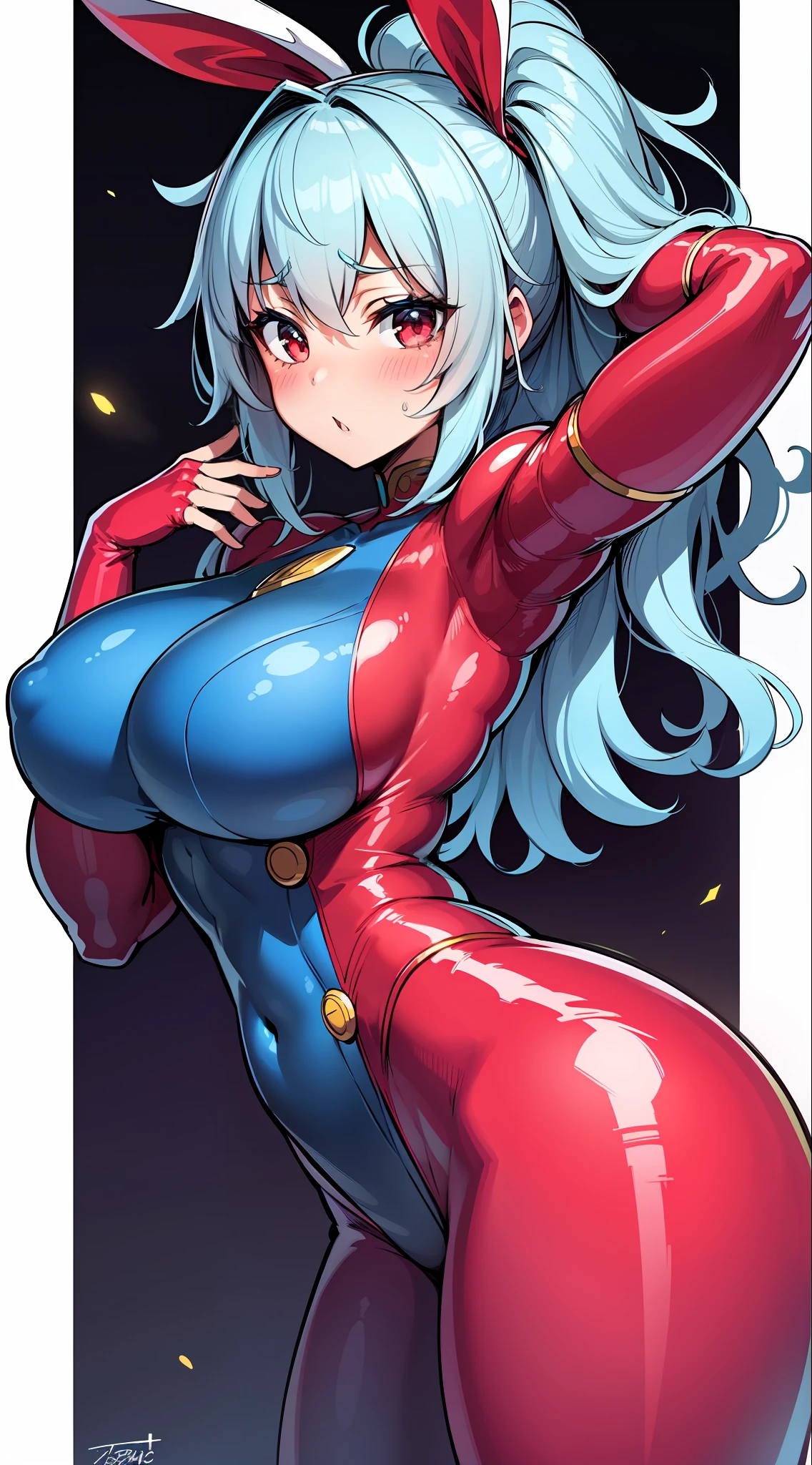 (HD, Sharp, Fractal), One Woman, Super Glossy Skin, Magical Girl, 25 years old,Big, Light blue and red and yellow rubber suit costume