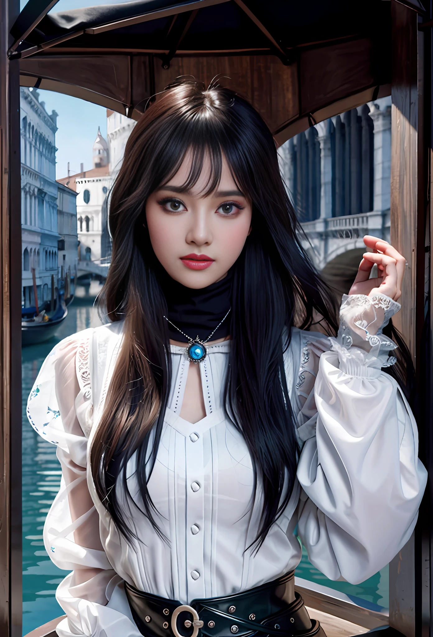 a hyper realistic ultra detailed photograph of a beautiful girl as a female 2020s dancer on the boat of 2020s Venice,(Bridge Of Sighs background),(princess eyes,shiny pupils), detailed symmetric beautiful hazel eyes, detailed gorgeous face, peaky blinders environemt, trending on cg society, bauhaus, bulgari, colourful atmosphere, official valentino editorial, moonlight, medium symmetry, neoprene, behance contest winner, portrait featured on unsplash, stylized digital art, smooth, ultra high definition, 8k, unreal engine 5, ultra sharp focus, award-winning photograph, Canon EOS 5D Mark IV DSLR, f/8, ISO 100, 1/250 second, TanvirTamim, trending on artstation, by artgerm, h. r. giger and beksinski, highly detailed, vibrant