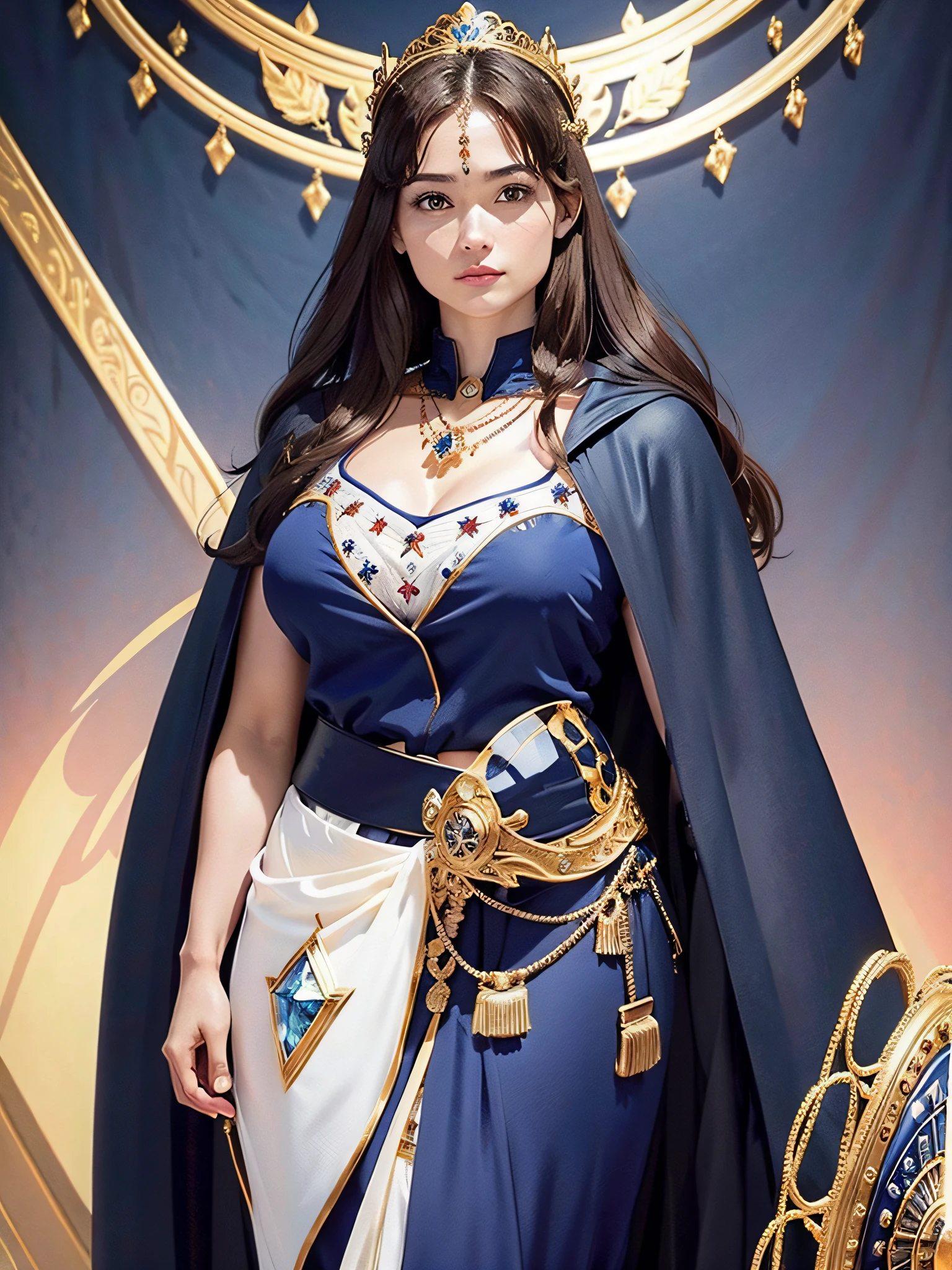 (masterpiece, top quality, highest quality, official art, beautiful and aesthetic: 1.2), ultra-detailed complex 3D rendering of face, various poses, ((Huge breasts: 2.4)), (Exposure: 4.1), black micro bikini, , Perfect figure: 1.4, Slim abs: 1.1, (1 girl), blue cape lined with fur, abs, detailed crown decorated with precious stones: 2.2), cleavage, brown hair, Detailed jeweled necklace with white skin, strong and detailed weapon, beautiful and luxurious shield