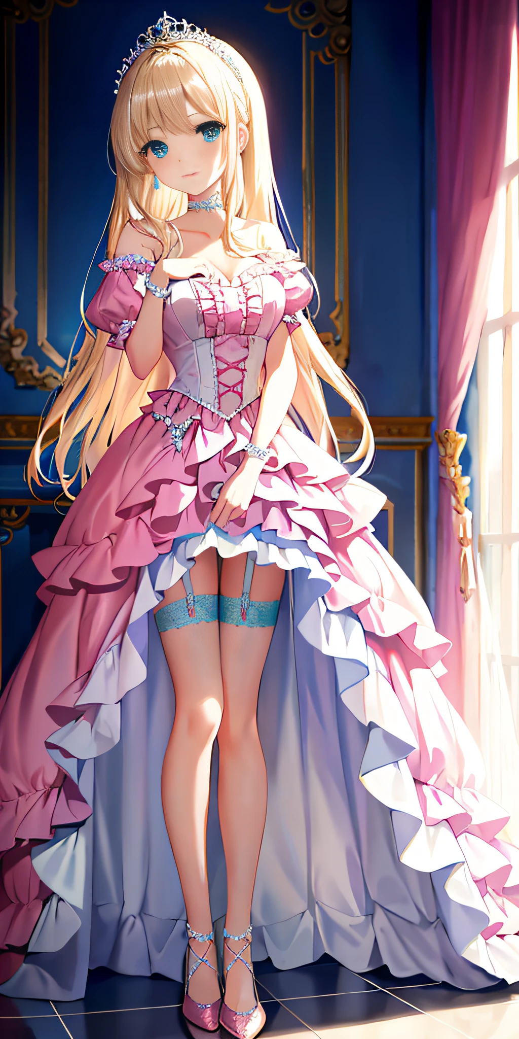 [pink:aqua:0.65] theme, masterpiece, a girl's masterpiece, detailed visual art, blue eyes, light blonde hair, long hair, collarbone, royal princess, elegant, gorgeous quinceanera pink dress, detailed layered skirt, [detailed frills: 0.1], [frilled dress: 0.1], embroidery, [detail princess dress: 0.1], off-the-shoulder, big breasts: 1.3, open crotch, thigh seam, garter belt, groin, [NSFW|Uncensored],, low-winged, full-body, shiny crystal shoes