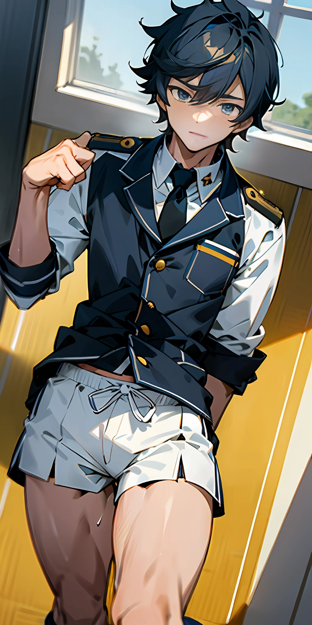 Abs boy, sunny handsome, anime male protagonist, male high school student, white socks, navy uniform, sports shorts, masturbation, full body photo
