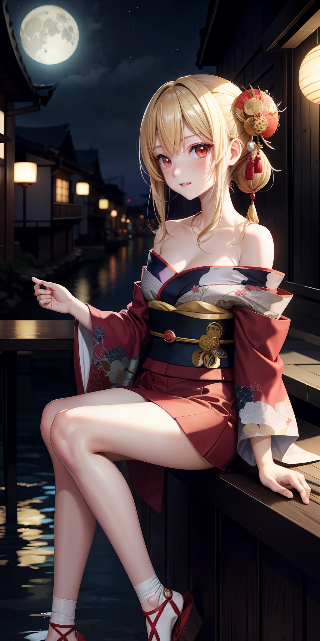 anime, girl single, blonde, red eyes, kamime, blush, kyoto, moon, kimono, off-shoulder, sitting,