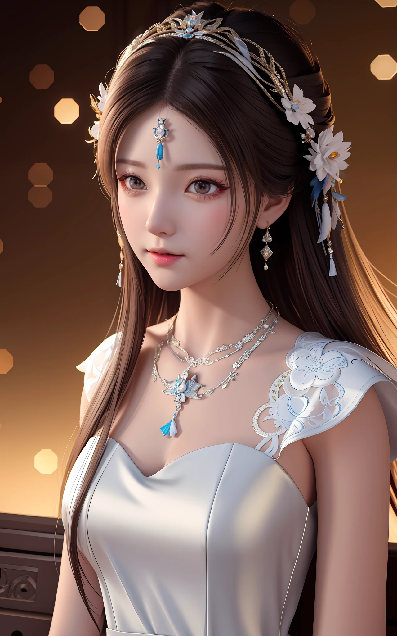 a close up of a woman wearing a white dress and a tiable, trending on cgstation, 3 d render character art 8 k, 8k high quality detailed art, palace ， a girl in hanfu, [ 4 k digital art ]!!, inspired by Huang Ji, 8k portrait render, a beautiful fantasy empress, smooth anime cg art