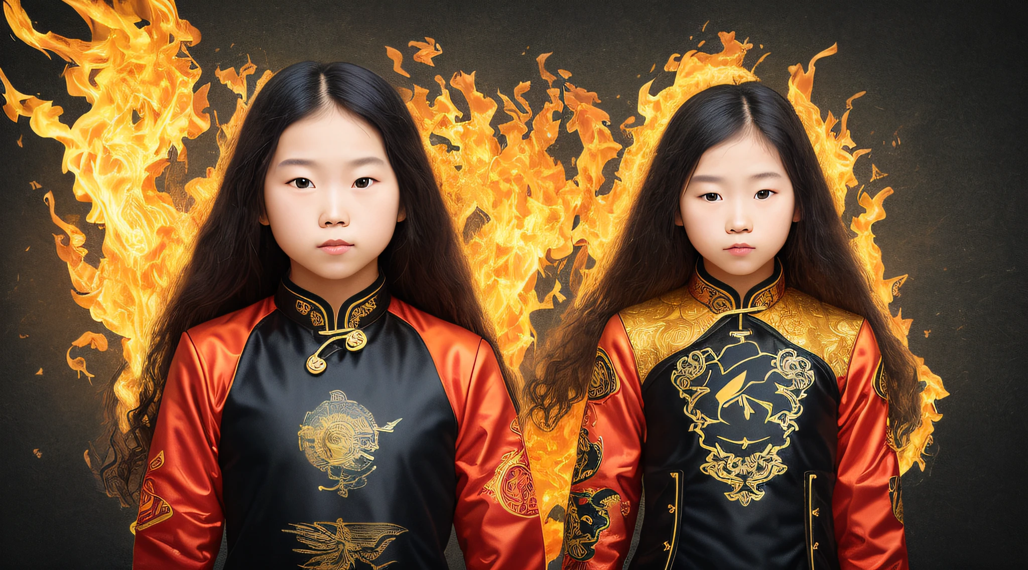 (10 years old), long hair gold, surrounded by fire, (golden|translucent black:1.4 cheongsam:1,331), red-haired asian girl, mock mock mock mock, cd jacket, packshot, cd cover, album cover design, music album cover, new album cover, cd, neck up, color", edm, music album art, album cover style, album cover!