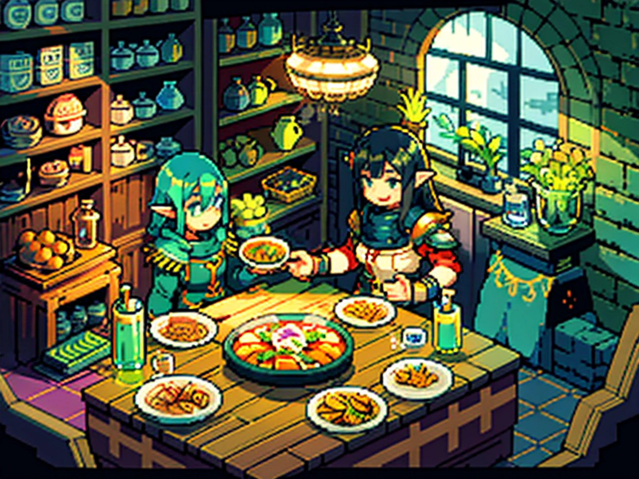 (((pixel art))), pixel style, An otherworldly party,5 people of of 5 different race sit around a round table, they are happy and smile, the table is filled with food likes grilled chicken, salad ,beef ,steak, beer BREAK 5 people are a beautiful blonde elf woman, a short muscle dwarf, a cowboy, a black hair cat girl, and a skeleton BREAK fantasy, otherworldly fantasy, deep fantasy, happy atmosphere,  BREAK,Detailed,Realistic,4k highly detailed digital art,octane render, bioluminescent, BREAK 8K resolution concept art, realism,by Mappa studios,masterpiece,best quality,official art,illustration,ligne claire,(cool_color),perfect composition,absurdres, fantasy,focused,rule of thirds