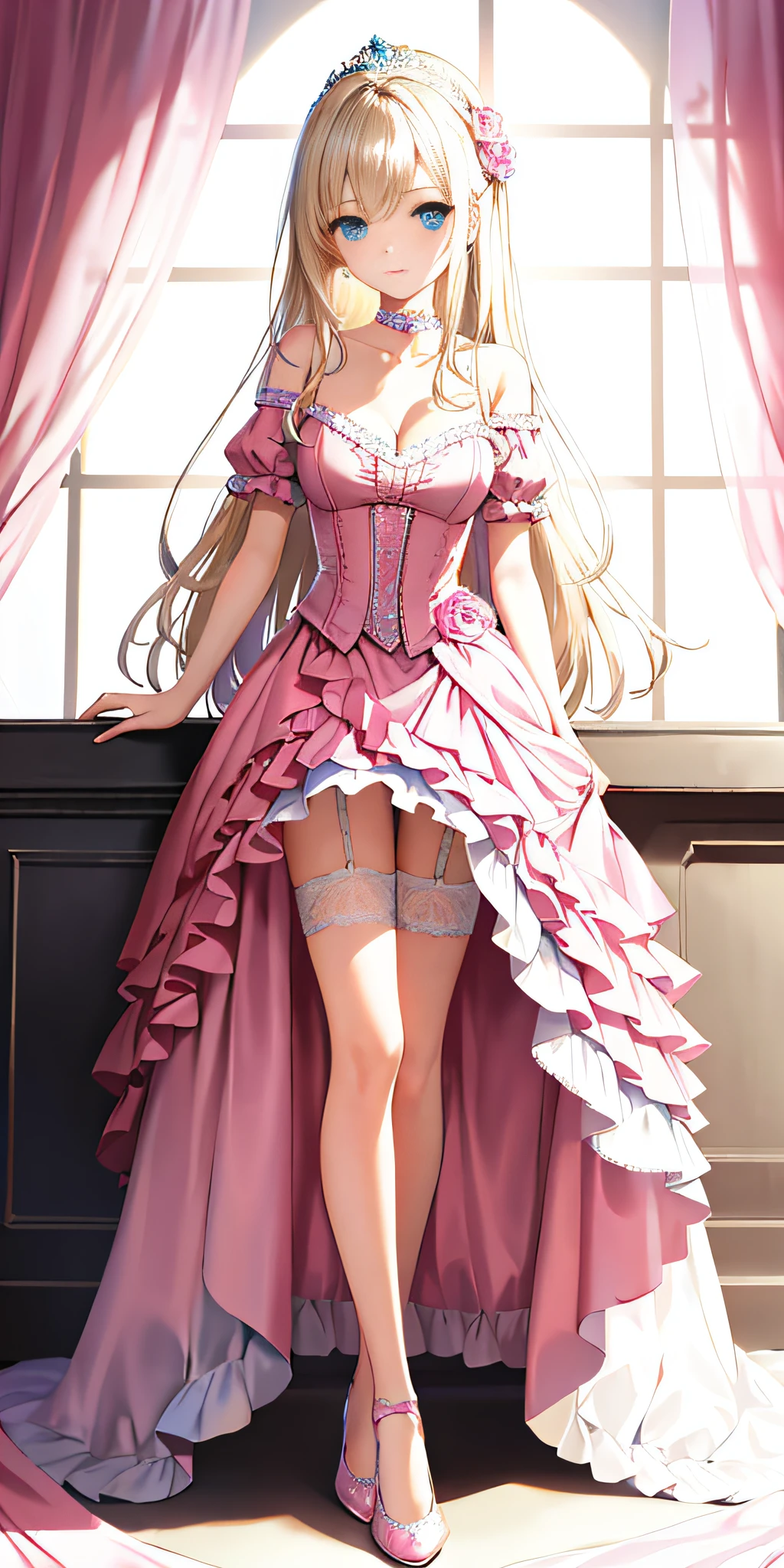 [pink:aqua:0.65] theme, masterpiece, a girl's masterpiece, detailed visual art, blue eyes, light blonde hair, long hair, collarbone, royal princess, elegant, gorgeous quinceanera pink dress, detailed layered skirt, [detailed frills: 0.1], [frilled dress: 0.1], embroidery, [detail princess dress: 0.1], off-the-shoulder, big breasts: 1.3, open crotch, thigh seam, garter belt, groin, [NSFW|uncensored], (simple background: 1.1), low-winged, full-body