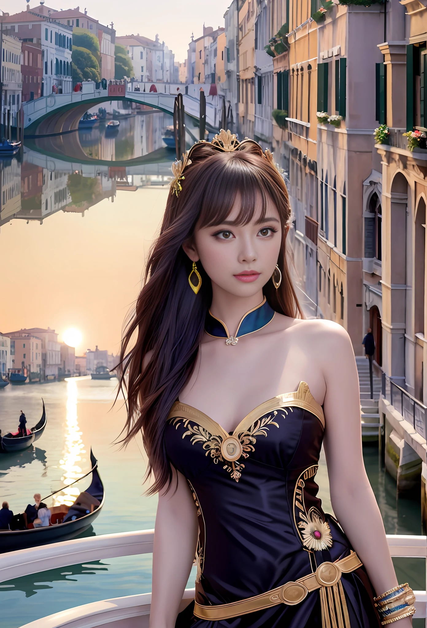 modelshoot style, (extremely detailed CG unity 8k wallpaper), full shot body photo of the most beautiful artwork in the world, stunningly beautiful photo realistic cute women, a hyper realistic ultra detailed photograph of a beautiful girl as a female 2020s dancer on the boat of 2020s Venice,(Bridge Of Sighs background),(princess eyes,shiny pupils), detailed symmetric beautiful hazel eyes, detailed gorgeous face,highly detailed, vibrant,professional majestic oil painting by Ed Blinkey, Atey Ghailan, Studio Ghibli, by Jeremy Mann, Greg Manchess, Antonio Moro, trending on ArtStation, trending on CGSociety, Intricate, High Detail, Sharp focus, dramatic, photorealistic painting art by midjourney and greg rutkowski