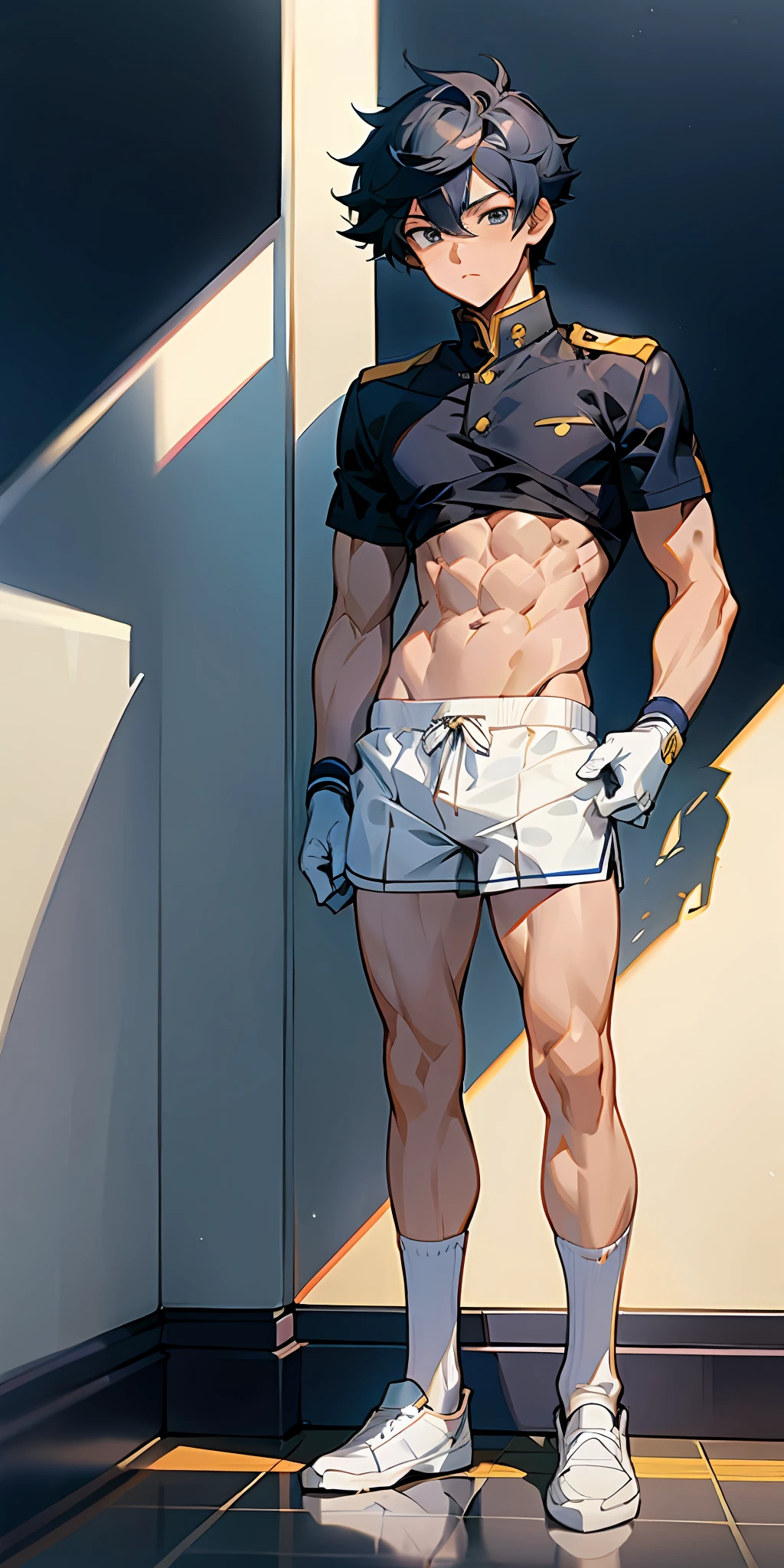 Abs boy, sunny handsome, anime male protagonist, male high school student, white socks, navy uniform, sports shorts, masturbation, full body photo