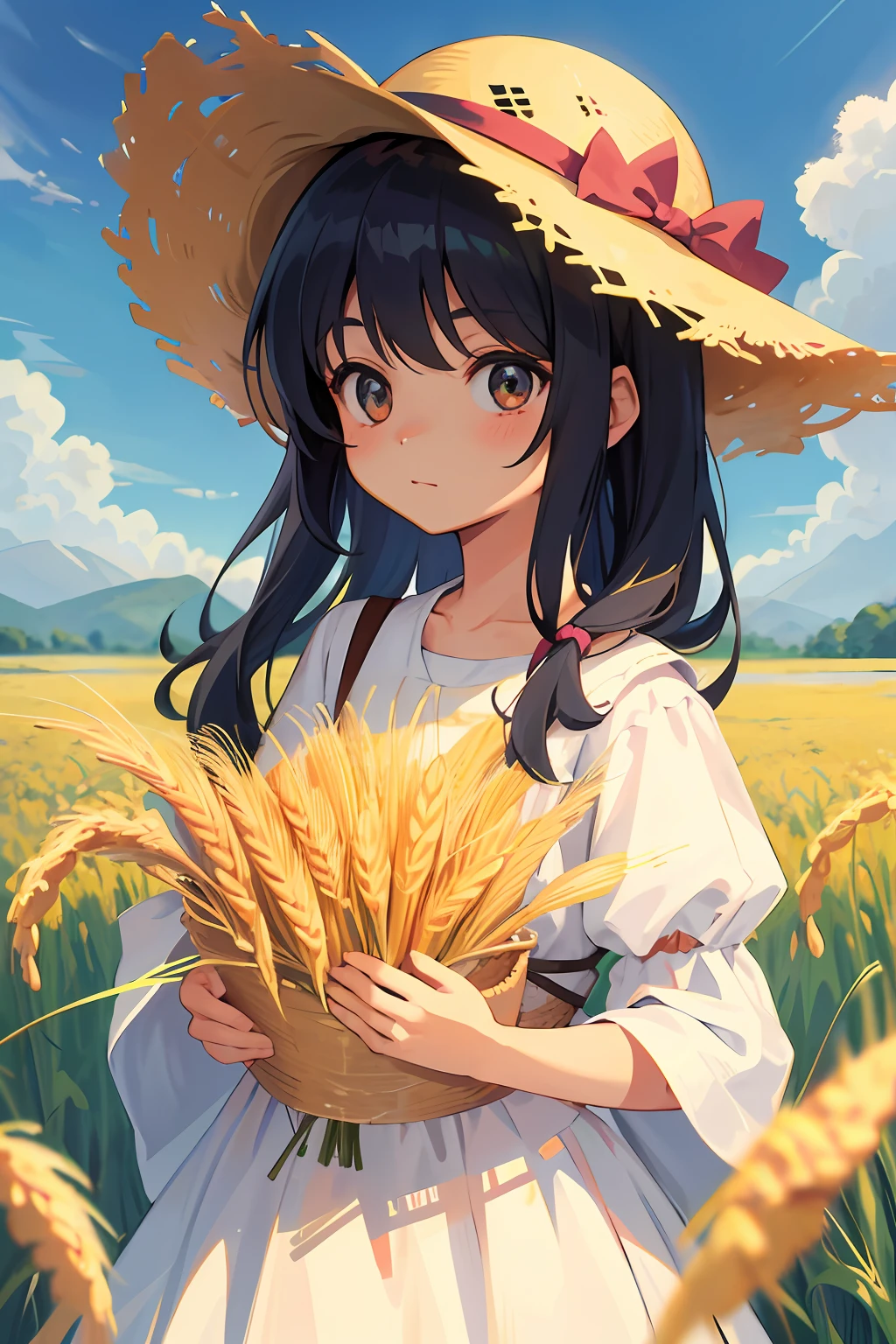 A beautiful little girl, standing in a wheat field, cute cartoon with cute straw hat, close-up of face, Miyazaki style