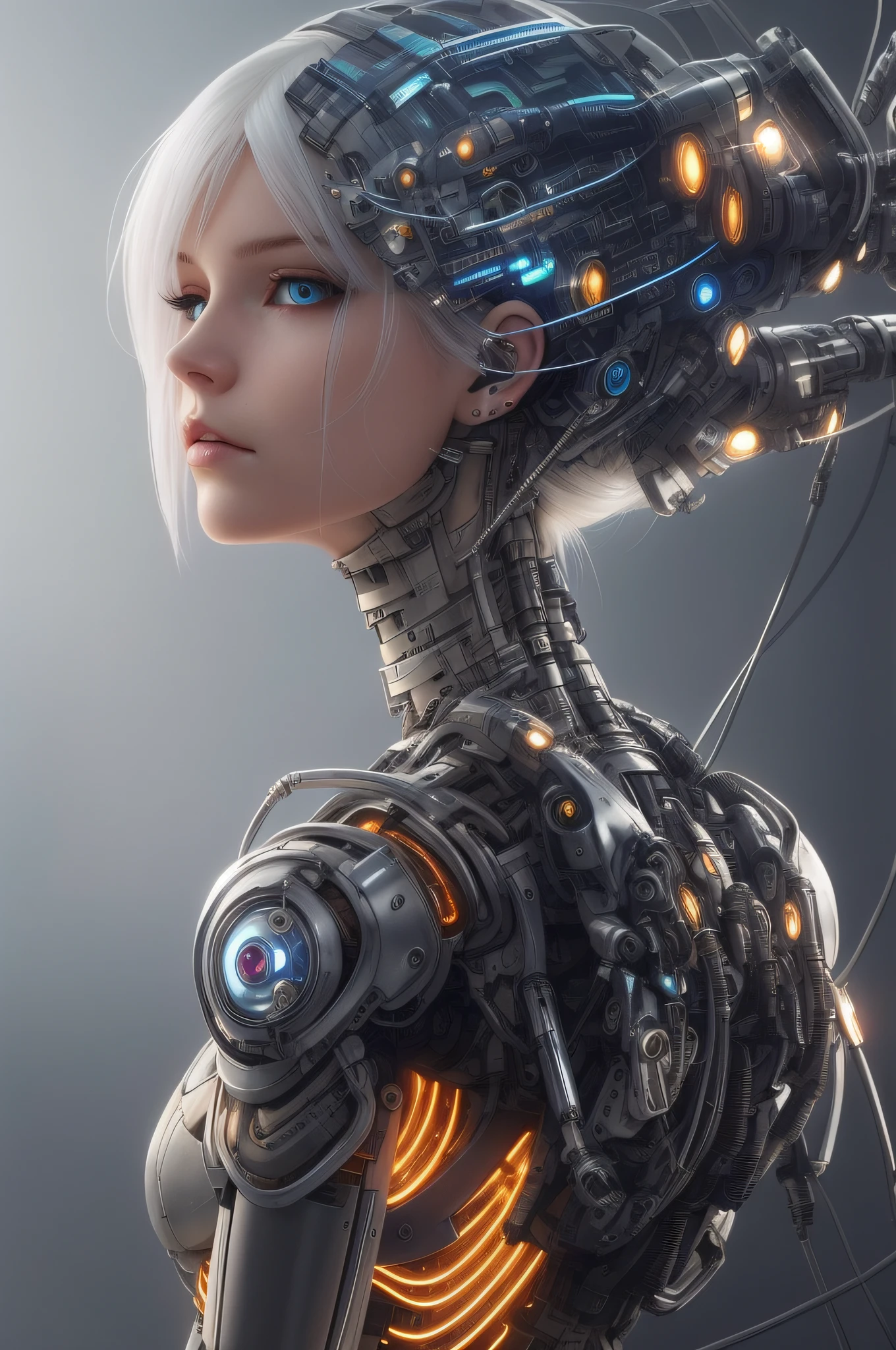 a close up of a woman with a robot head and a wire, cyborg - girl, beutiful girl cyborg, cyborg girl, cyborg - girl with silver hair, cute cyborg girl, beutiful white girl cyborg, beautiful female android!, beautiful cyborg girl, portrait of a female android, portrait of a cyberpunk machine, perfect android girl, sci-fi android female