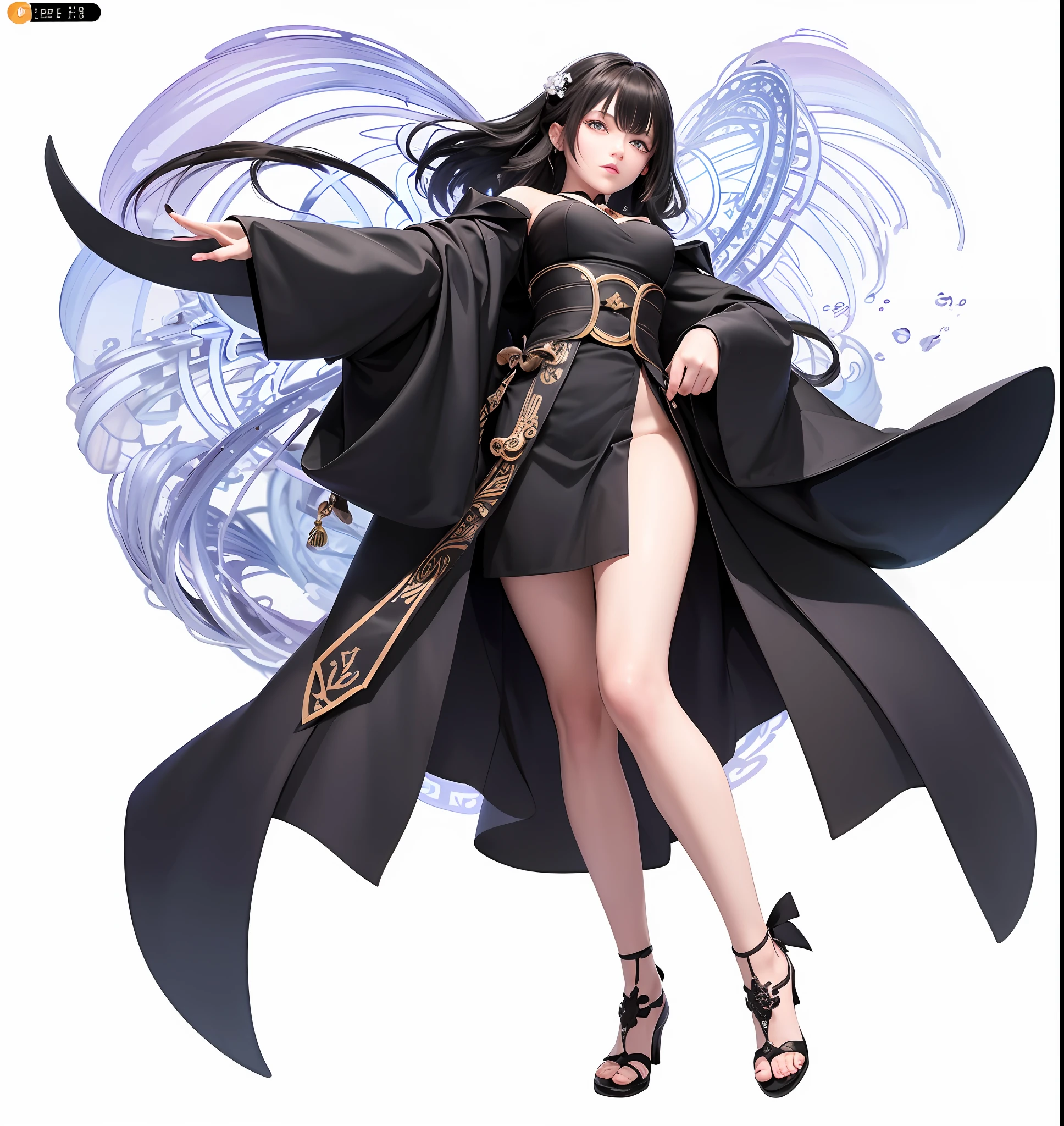 A woman in black Hanfu holding a magic ball, dark witch full body pose, brunette mage, full body fairy, dark witch full view, ninja scroll anime style, beautiful witch, witch, anime ninja scroll, fighting game character, /! \ Witch, (8k, RAW photo, best quality, masterpiece:1.2), european feel, medieval, ((character concept art), full body concept, still life, fine detail, center of screen, still life only, ((simple background)), white background, --auto --s2