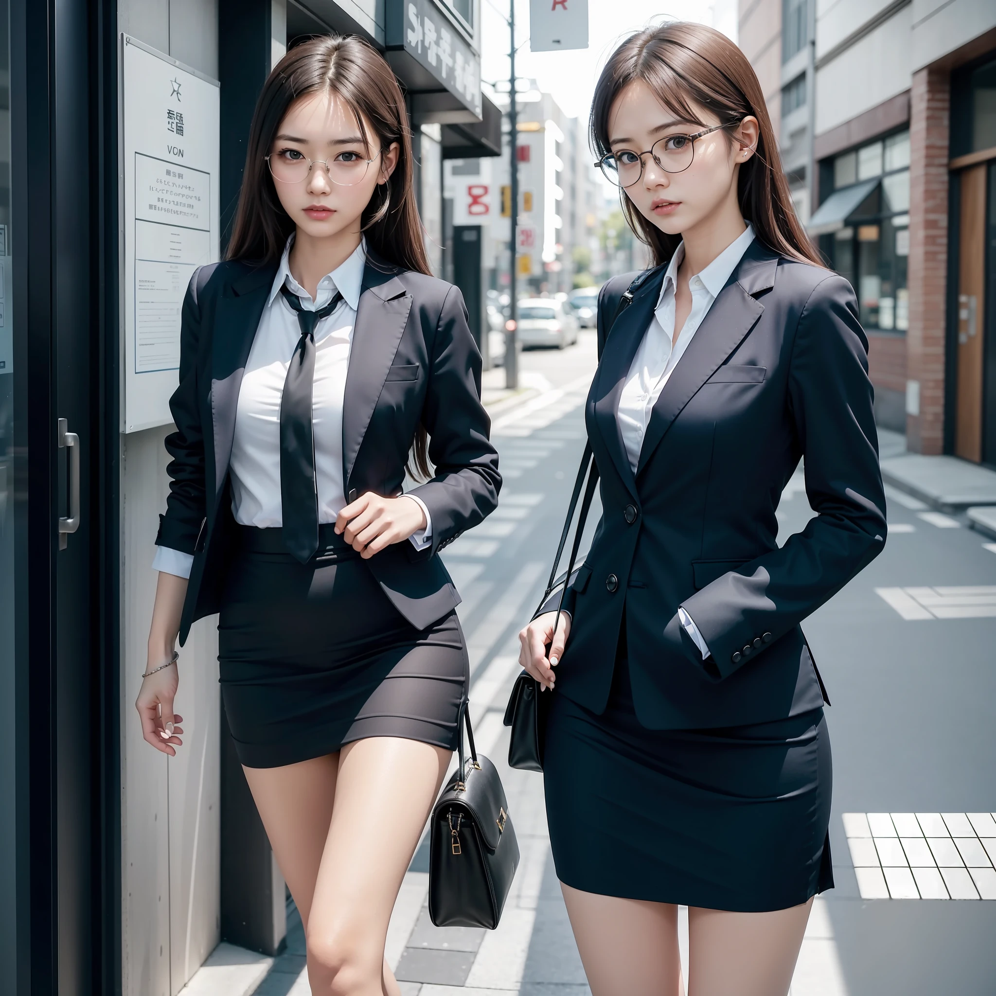 alone, solo, woman in her 20s posing for photo, victory, tsundere, knotted, office lady, suit, blue mini skirt, anger, small, glasses, slim girl model photo, physical: tiniest mid-life ever, female model, Japan female fashion model, (8k, raw photo, best quality, masterpiece: 1.2), (realistic, photorealistic: 1.37), super detailed, Ultra high resolution, summer, office district, standing, full body, (((SEXY)))