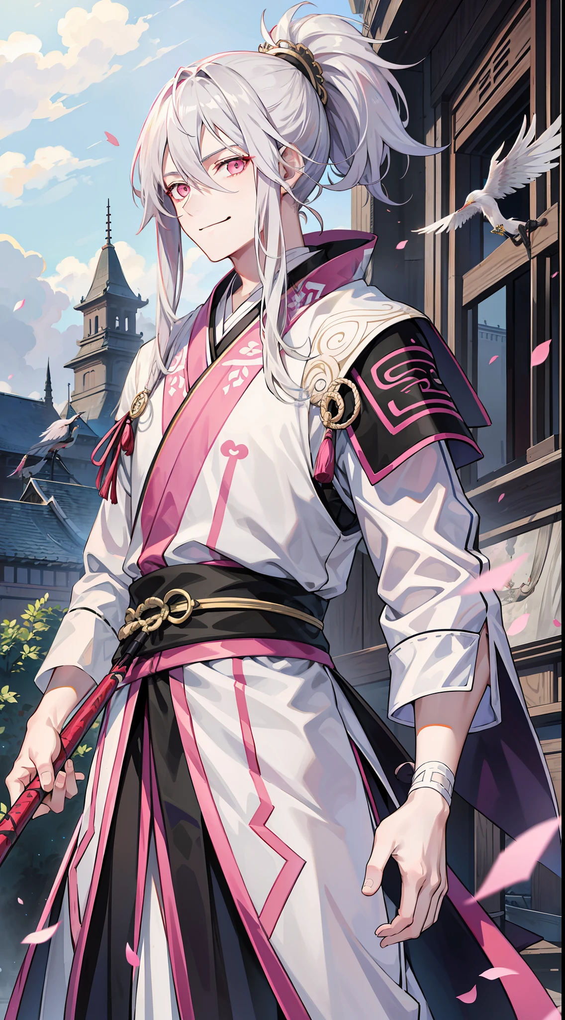 Young tall guy, long gray hair, pink eyes, high ponytail, hanfu, spear, smile, herons, masterpiece, high quality