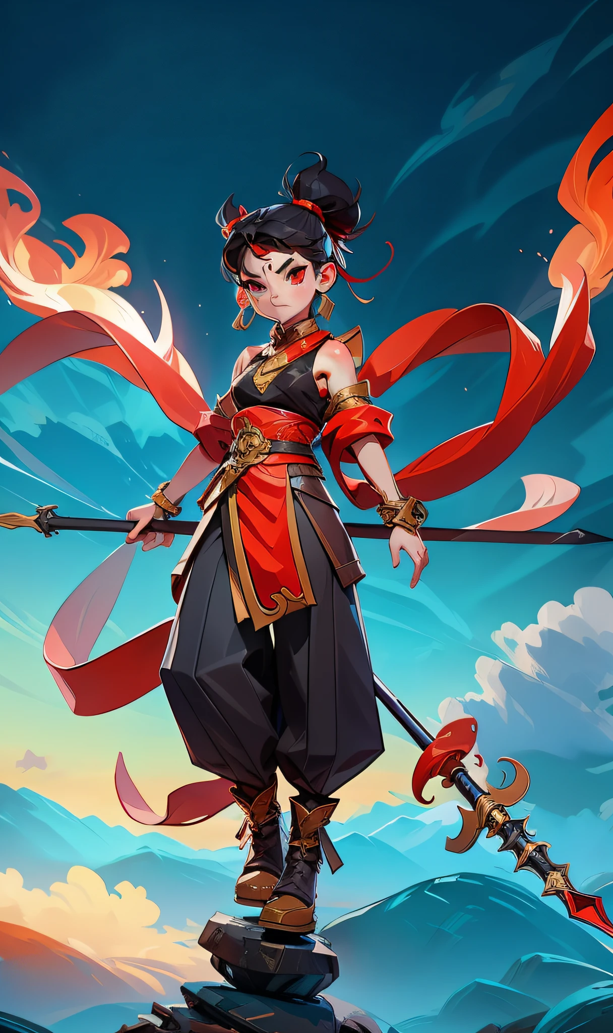 1girl, blood on face, angry, holding spear, (flying), chinese mythology,cloudy, detailed sky, abstract background, (flame_surge_style:0.5)