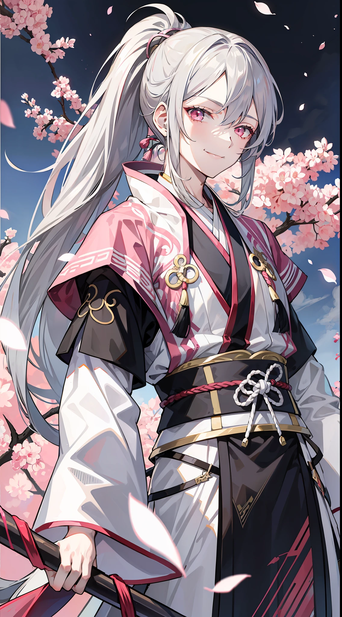 Young tall guy, long gray hair, pink eyes, high ponytail, hanfu, spear, smile, herons, masterpiece, high quality