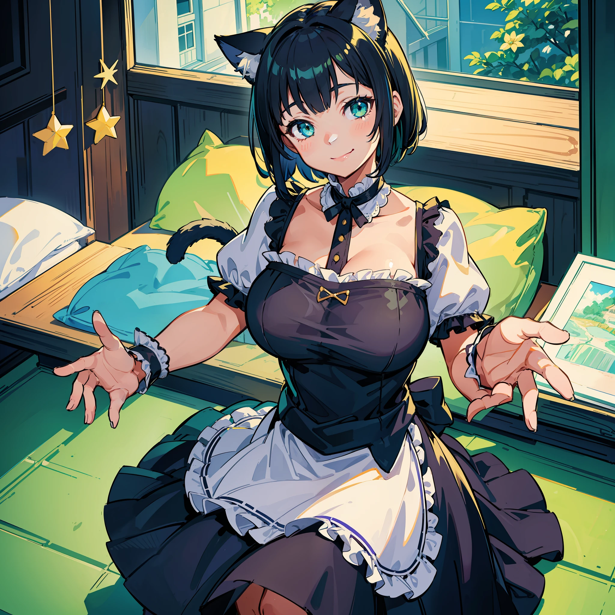 1girl, masterpiece, best quality, medium full shot, blue short hair {little stars},green eyes, cat ears,tail cat, big breasts ,cute charming, smiling,black maid outfit, room, pov