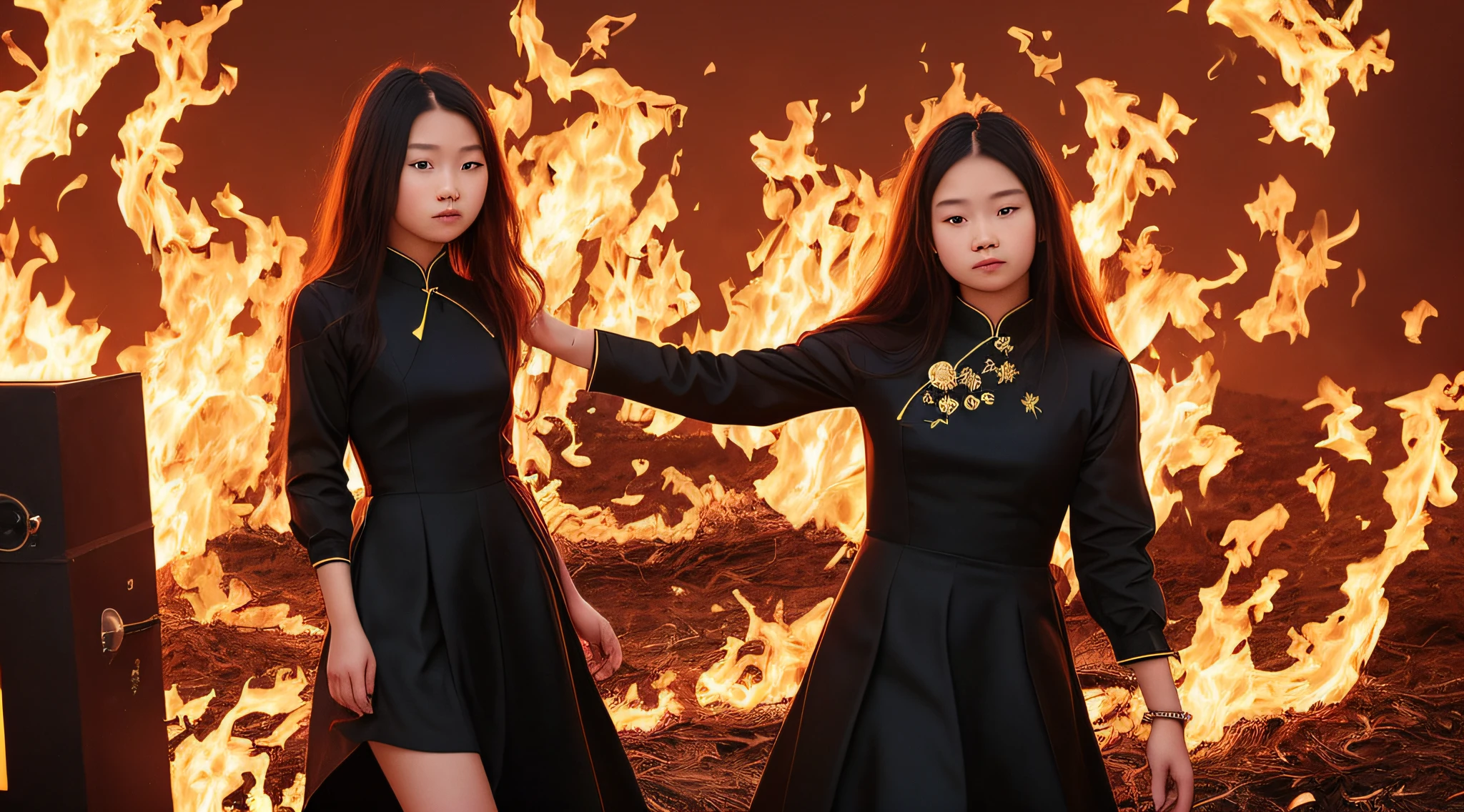 (s old), long hair gold, surrounded by fire, ( gold|translucent black: 1.4 cheongsam:1,331), red-haired asian girl, image of a woman in a black dress with a black top, new music, tiktok video, tiktok 4 k uhd image, tiktok, trending on tiktok, trending on spotify, music album art, new album cover, Real Trending on Instagram image, very low quality image, blurry, meme format, an album cover