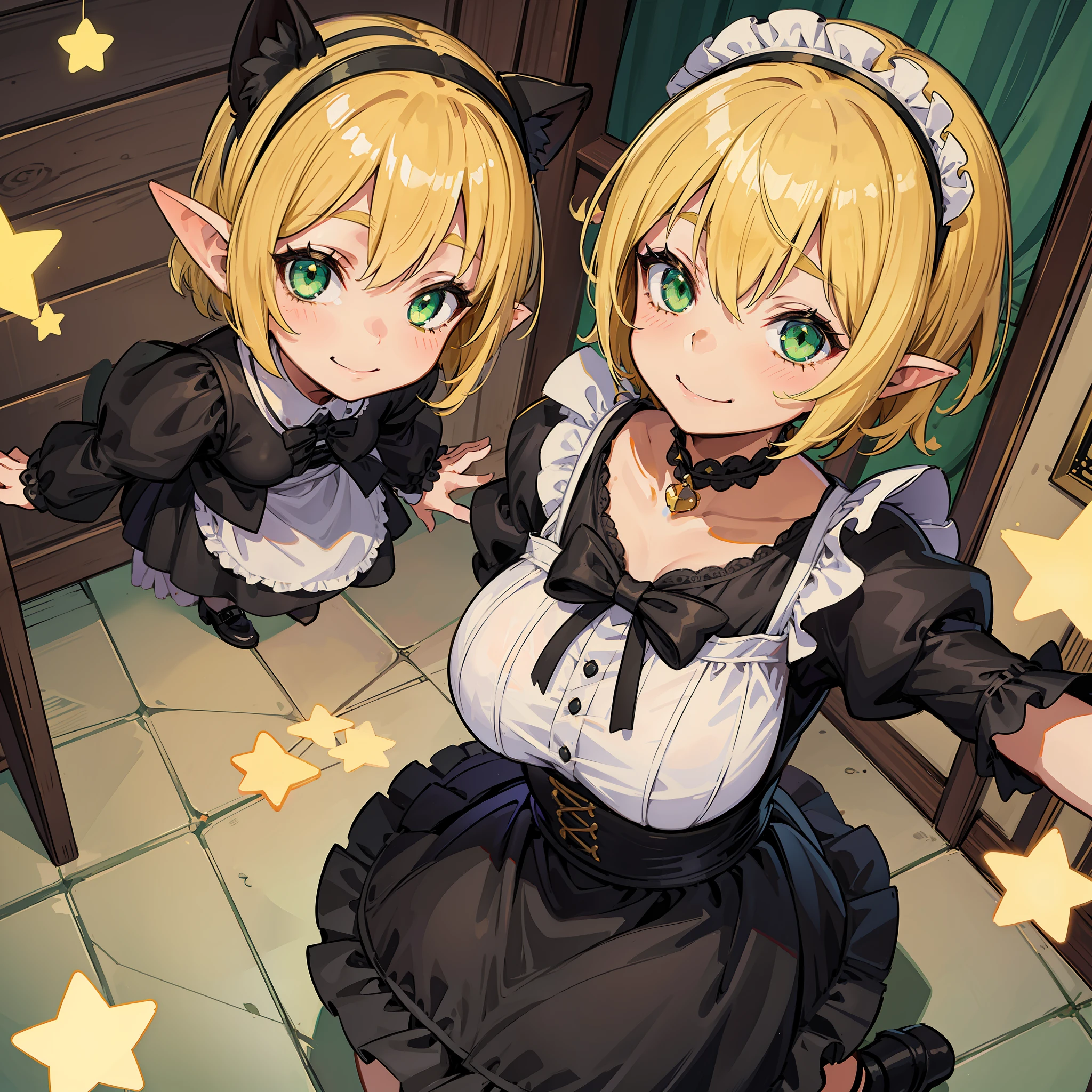 1girl, masterpiece, best quality, medium full shot, yellow short hair {little stars},green eyes, goblin ears,big breasts ,cute charming, smiling,black maid outfit, room, pov