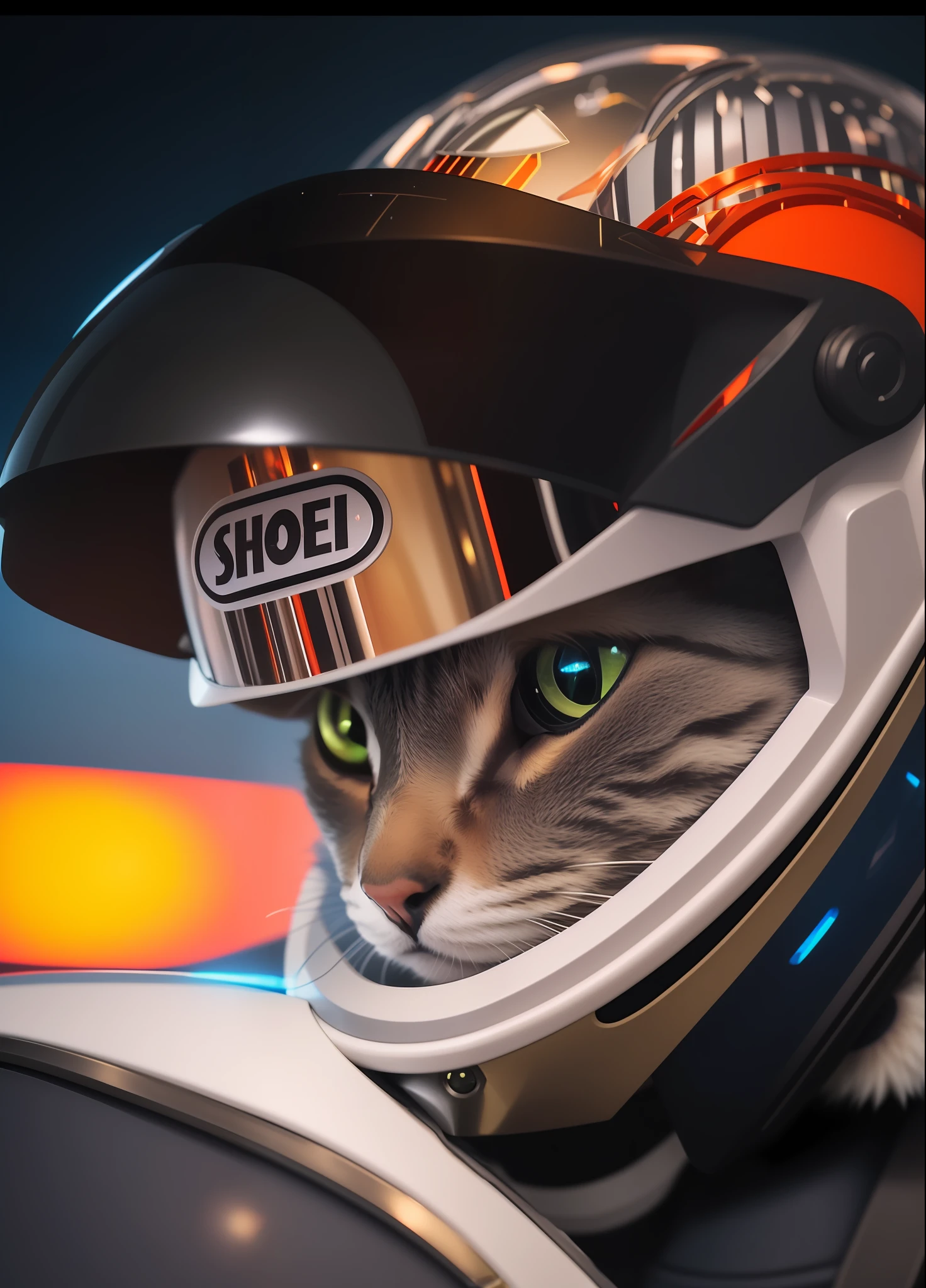 arafed cat wearing a helmet sitting on a motorcycle, a cat wearing a spiked helmet, astronaut cat, the cat who could drive a car, snout under visor, space cat, cat from the void, cat in space, inside a mechanical cat's head, cat head, helmet on face, cyborg cat, wearing a helmet, cat summons a spaceship