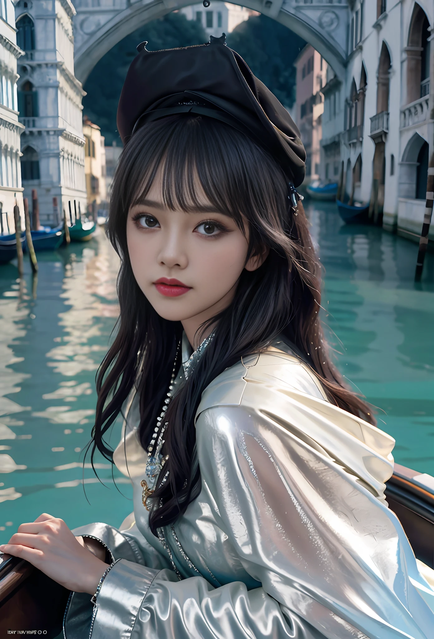 a hyper realistic ultra detailed photograph of a beautiful girl as a female 2020s dancer on the boat of 2020s Venice,(Bridge Of Sighs background),(princess eyes,shiny pupils), detailed symmetric beautiful hazel eyes, detailed gorgeous face, peaky blinders environemt, trending on cg society, bauhaus, bulgari, colourful atmosphere, official valentino editorial, moonlight, medium symmetry, neoprene, behance contest winner, portrait featured on unsplash, stylized digital art, smooth, ultra high definition, 8k, unreal engine 5, ultra sharp focus, award-winning photograph, Canon EOS 5D Mark IV DSLR, f/8, ISO 100, 1/250 second, TanvirTamim, trending on artstation, by artgerm, h. r. giger and beksinski, highly detailed, vibrant