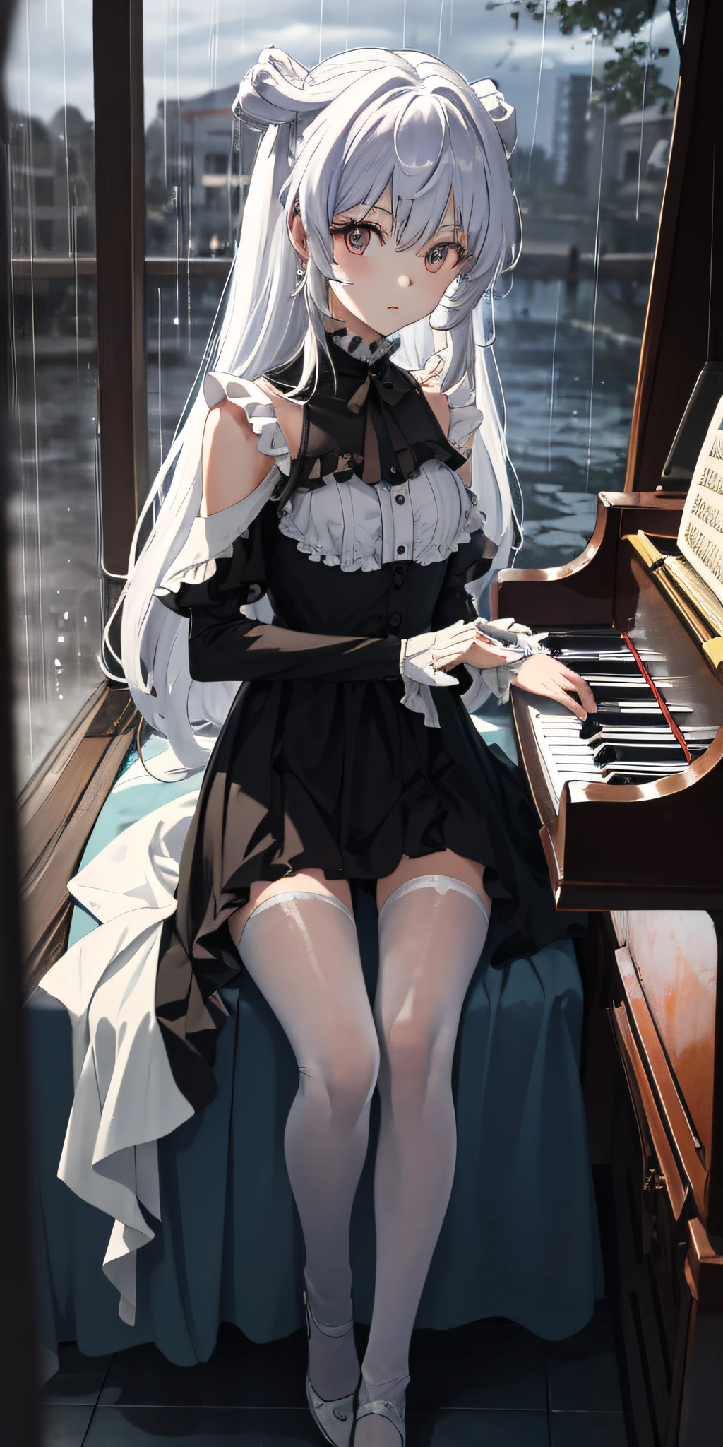(best quality:1.3),(masterpiece:1.1), (best quality:1.3),(masterpiece:1.1),beautiful face , 1girl ,low legs, small girl , tall 146 cm , focus on color , white hair , long hair ,hair contrasting with sunlight , battlefiled  , big rain, the background is dark , focusing on the light of the background , playing piano, black sky , wet ,full body, looking at viewer,very lowleg,body suit, sunlight reveals underwear inside, large breasts, shiny skin
