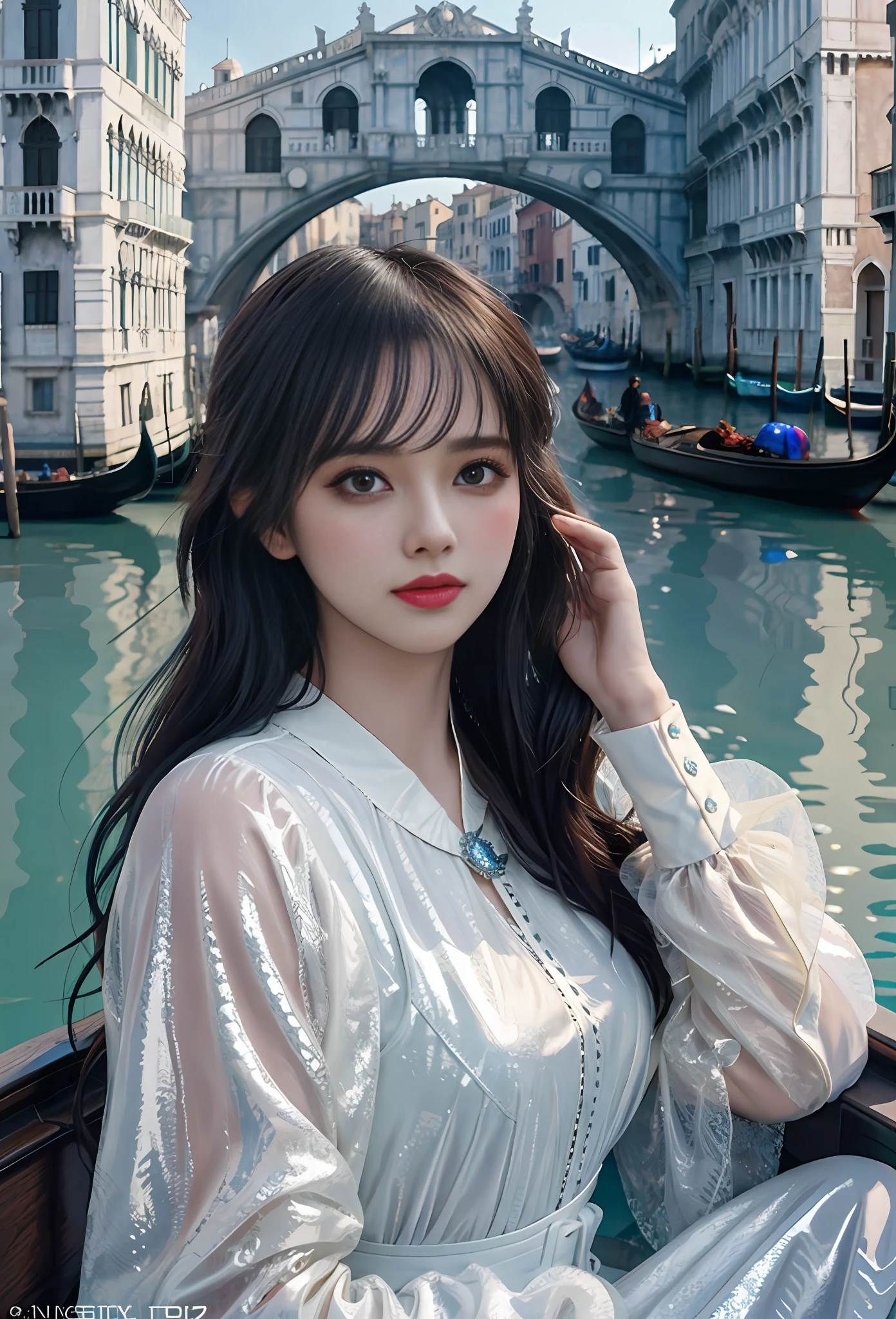 a hyper realistic ultra detailed photograph of a beautiful girl as a female 2020s dancer on the boat of 2020s Venice,(Bridge Of Sighs background),(princess eyes,shiny pupils), detailed symmetric beautiful hazel eyes, detailed gorgeous face, peaky blinders environemt, trending on cg society, bauhaus, bulgari, colourful atmosphere, official valentino editorial, moonlight, medium symmetry, neoprene, behance contest winner, portrait featured on unsplash, stylized digital art, smooth, ultra high definition, 8k, unreal engine 5, ultra sharp focus, award-winning photograph, Canon EOS 5D Mark IV DSLR, f/8, ISO 100, 1/250 second, TanvirTamim, trending on artstation, by artgerm, h. r. giger and beksinski, highly detailed, vibrant