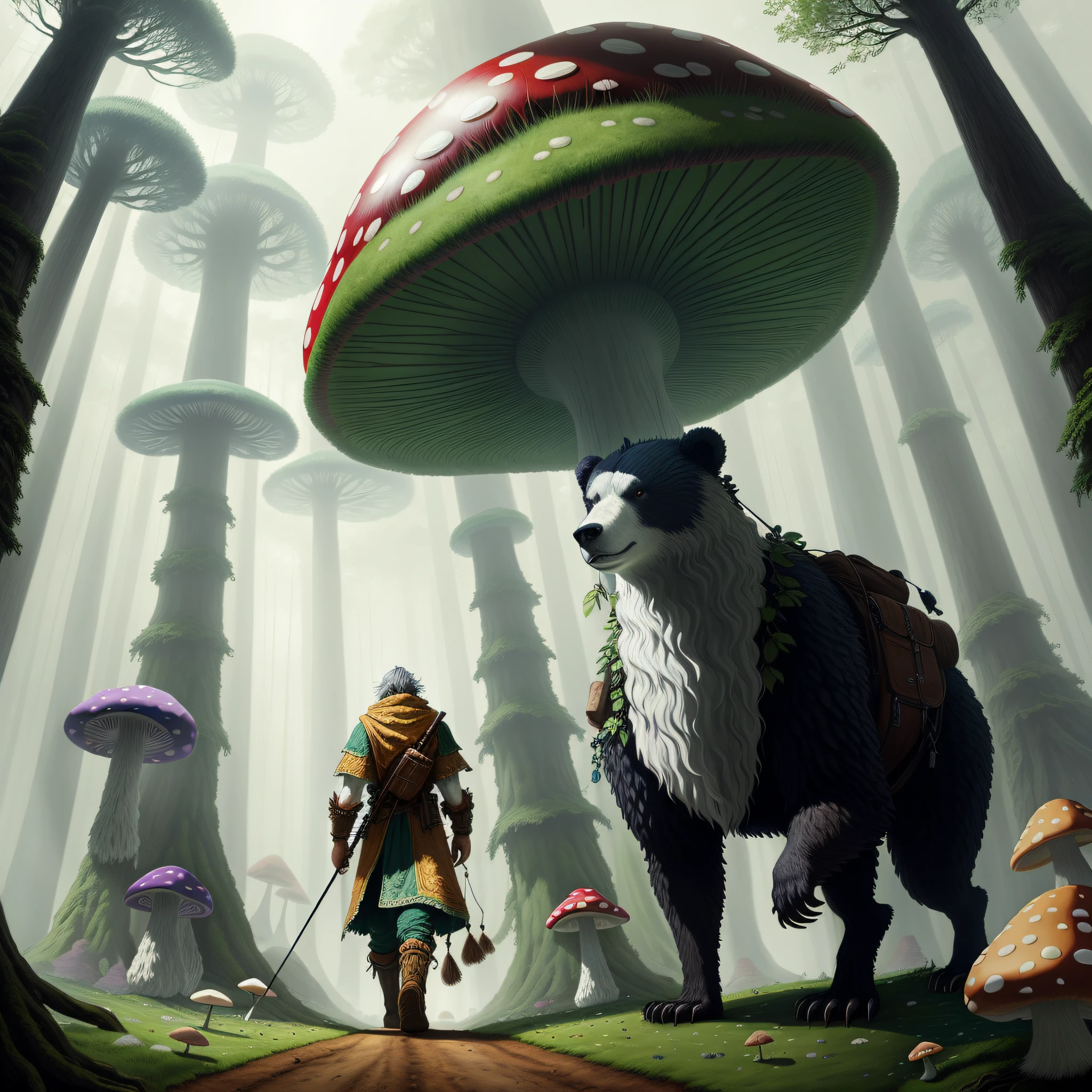 human nomad druid, with his scepter, companion bear next to him quadruped, walking in the forest of giant mushrooms, extremely detailed, natural lighting, illustration