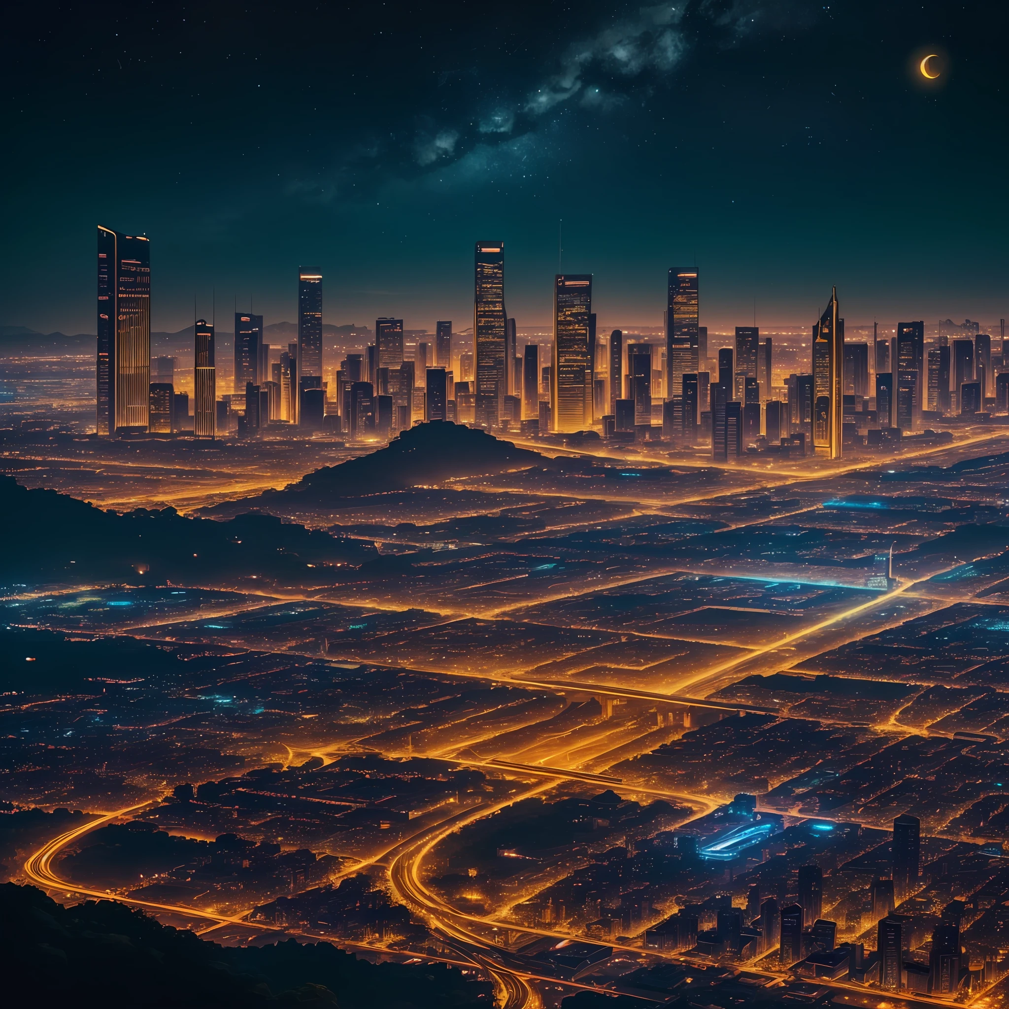 extremely detailed Golden city in the jungle, beautiful night lights, modern concept mixed with ancient, neons, (detailed jungle showing a city in it) ultra detailed night sky, wide angle, panoramic, retro-futuristic, 32k resolution, best quality, glamour shot, --auto --s2