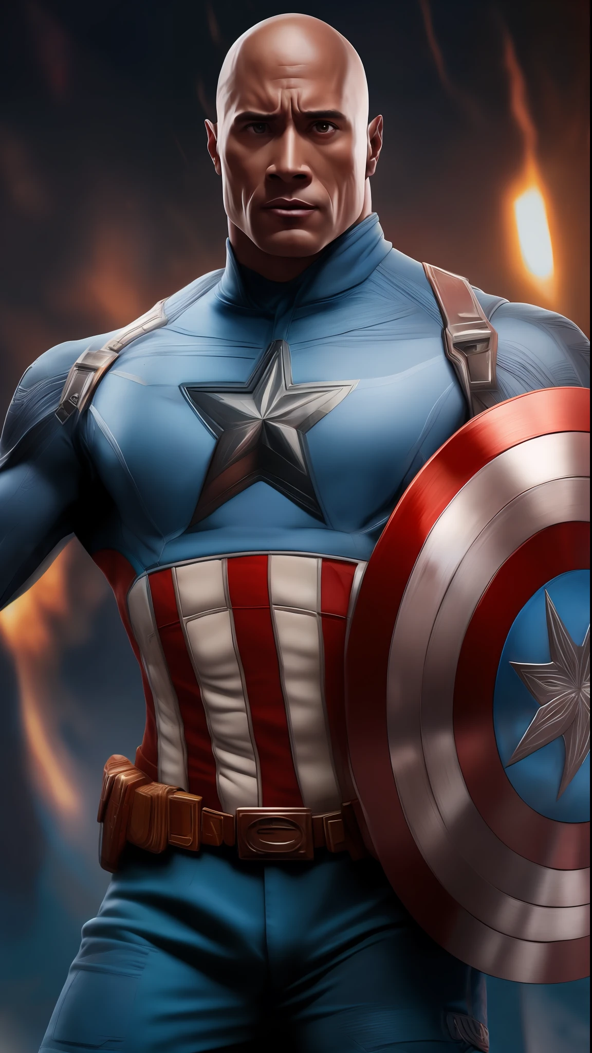 . .Tarantino style Dwayne Johnson as Captain America 8k, high definition, detailed face, detailed face, detailed eyes, detailed suit, Marvel and DC style, hyper-realistic, + cinematic plan + dynamic composition, incredibly detailed, sharpness, detail + superb details + night with light + perfectionism + award-winning realism ((soft lighting))
