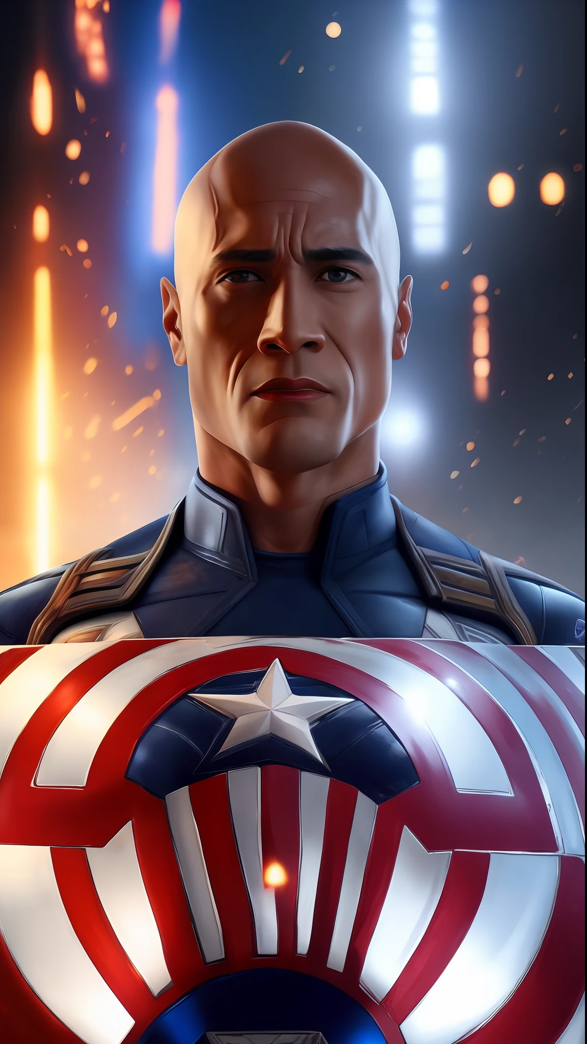 . .Tarantino style Dwayne Johnson as Captain America 8k, high definition, detailed face, detailed face, detailed eyes, detailed suit, Marvel and DC style, hyper-realistic, + cinematic plan + dynamic composition, incredibly detailed, sharpness, detail + superb details + night with light + perfectionism + award-winning realism ((soft lighting))