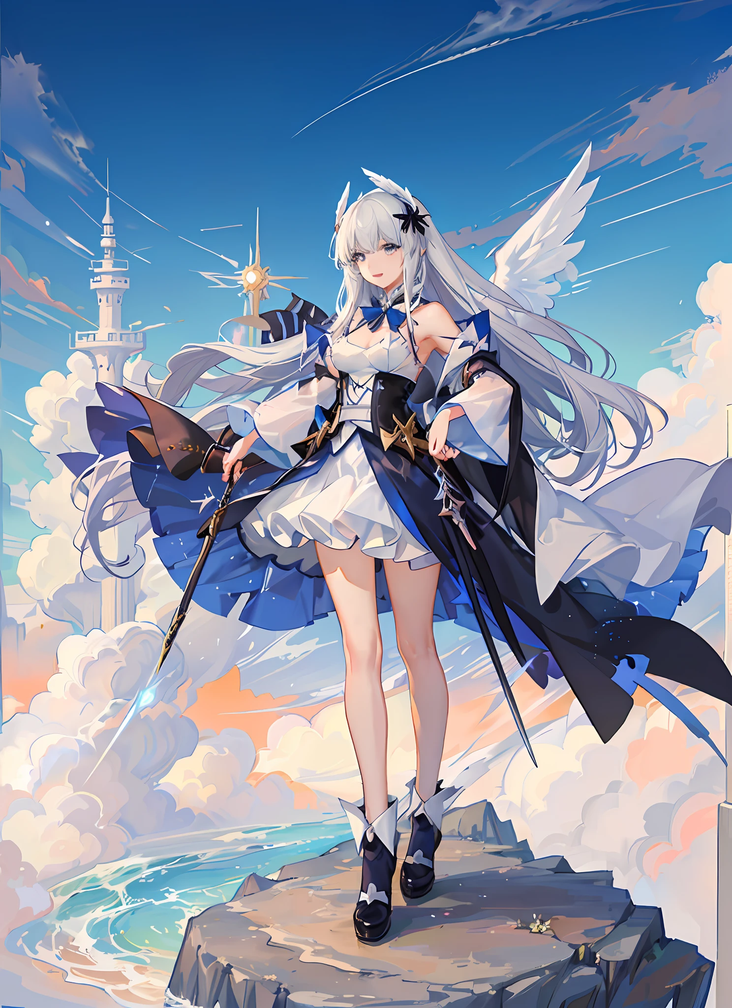 ((Masterpiece)) 3D High Resolution Anime Girl Valkyrie with White Wings and a Healing Stick in Hand in a Cloudy Sky, Angel Knight Girl, Anime Goddess, as Mystical Valkyrie, Ayaka Genshin Impact, Full Body Majestic Angel, Hestia, 2. 5D CGI Anime Fantasy Artwork, Anime Fantasy Illustration, Anime Moe Art Style, Beautiful Celestial Magician, Mechanized Valkyrie Girl, High Quality Anime Art Style
