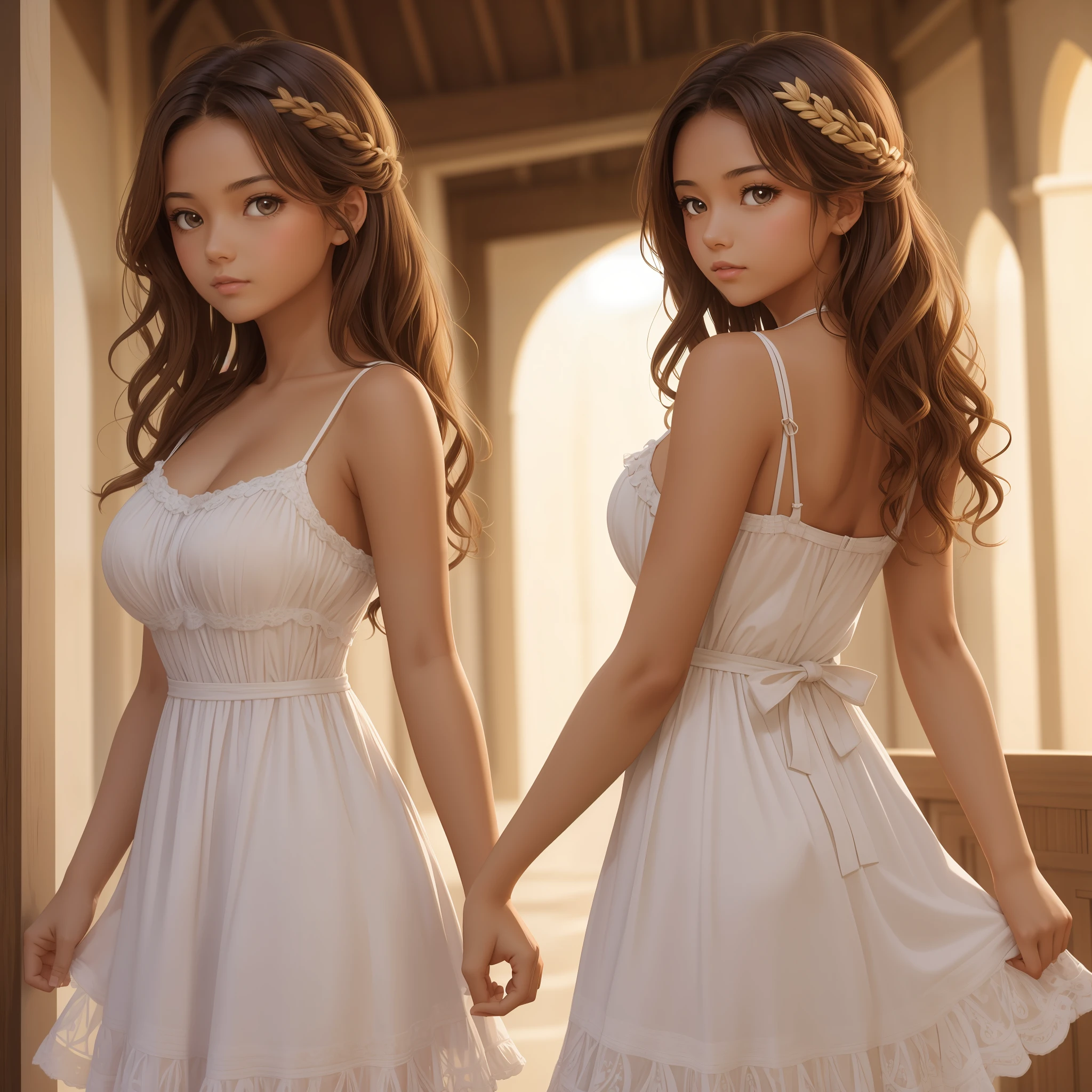 (masterpiece),Woman with young appearance, between 16 to 18 years old, with slightly tanned skin, brown cavelos, brown eyes, large and very full wavy hair, a height of 1.65 meters, medium breasts, dress --auto --s2