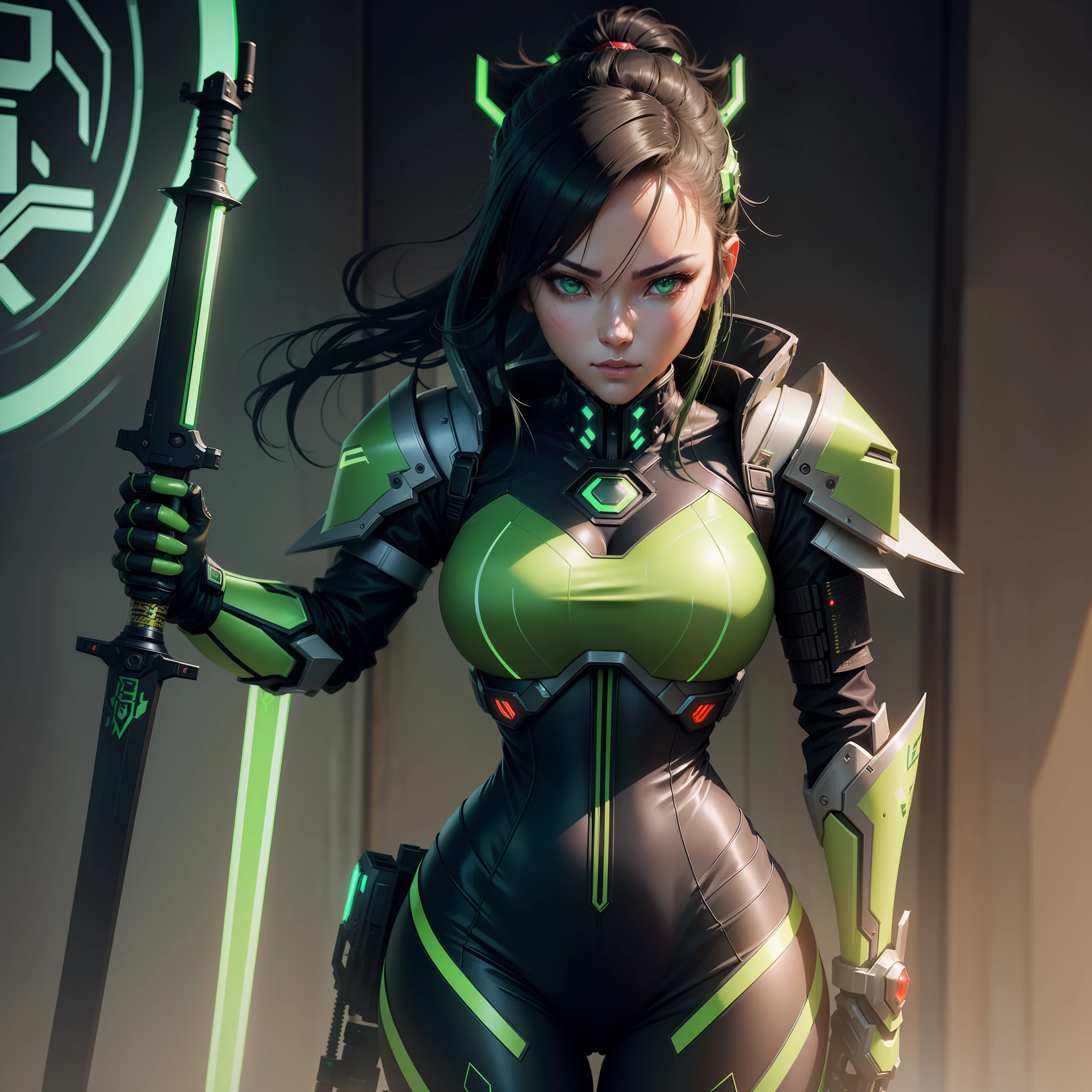 a close up of a woman with a sword in a green room, girl in mecha cyber armor, genji, cyberpunk anime girl mech, female mecha, by Jeremy Chong, genji from overwatch, green armor, katana zero video game character, very beautiful cyberpunk samurai, anime cyberpunk art, by Krenz Cushart