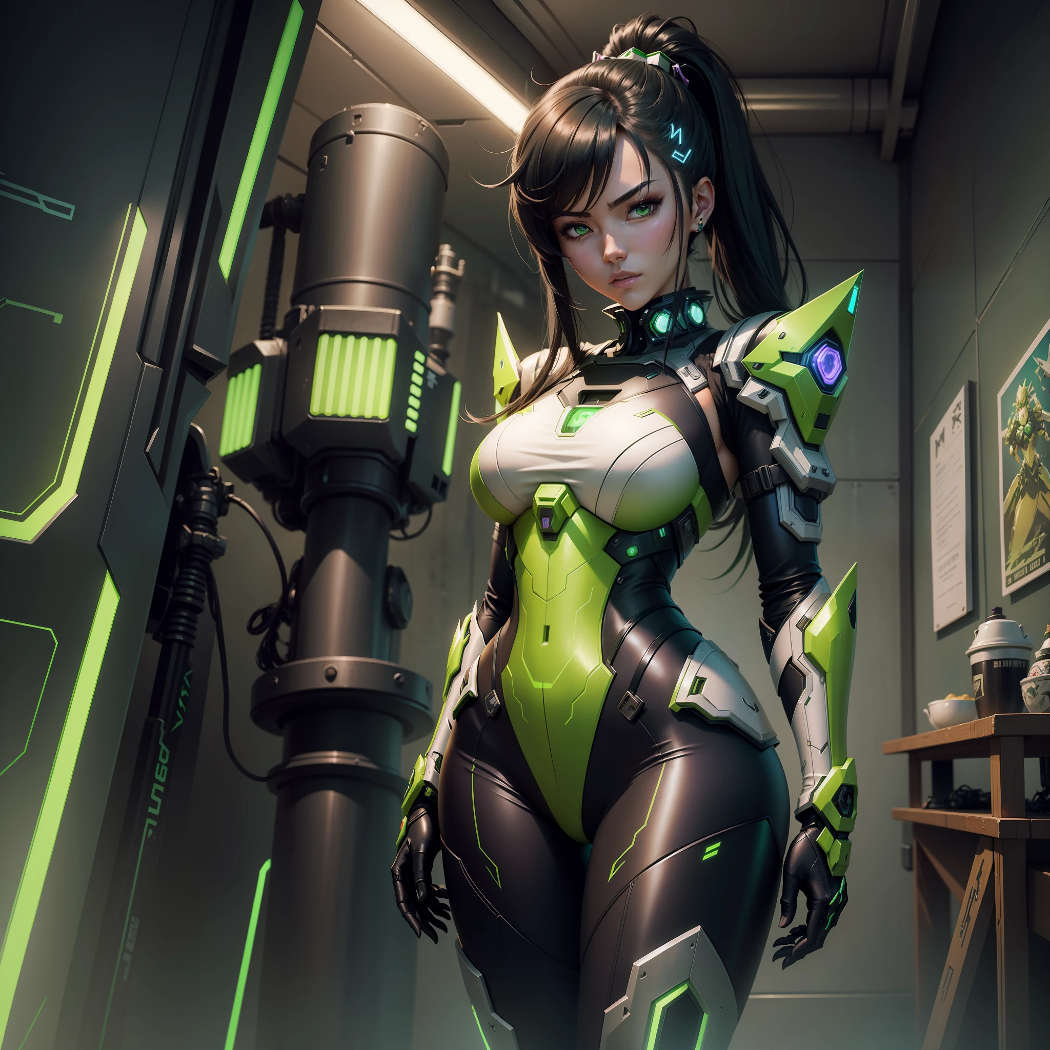 a close up of a woman with a sword in a green room, girl in mecha cyber armor, genji, cyberpunk anime girl mech, female mecha, by Jeremy Chong, genji from overwatch, green armor, katana zero video game character, very beautiful cyberpunk samurai, anime cyberpunk art, by Krenz Cushart