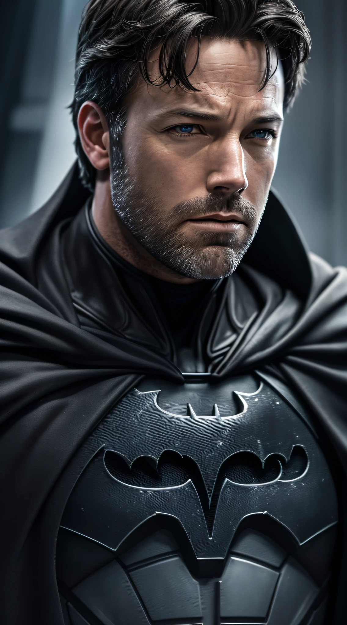 1 man, solo Ben Affleck as Batman, face showing, no mask, tall, hunk, musular, bulk, photorealism, dark dirty grey suit, best quality, masterpiece, high resolution, black cape, high detailed mask, high detailed suit, high detailed face, award winning