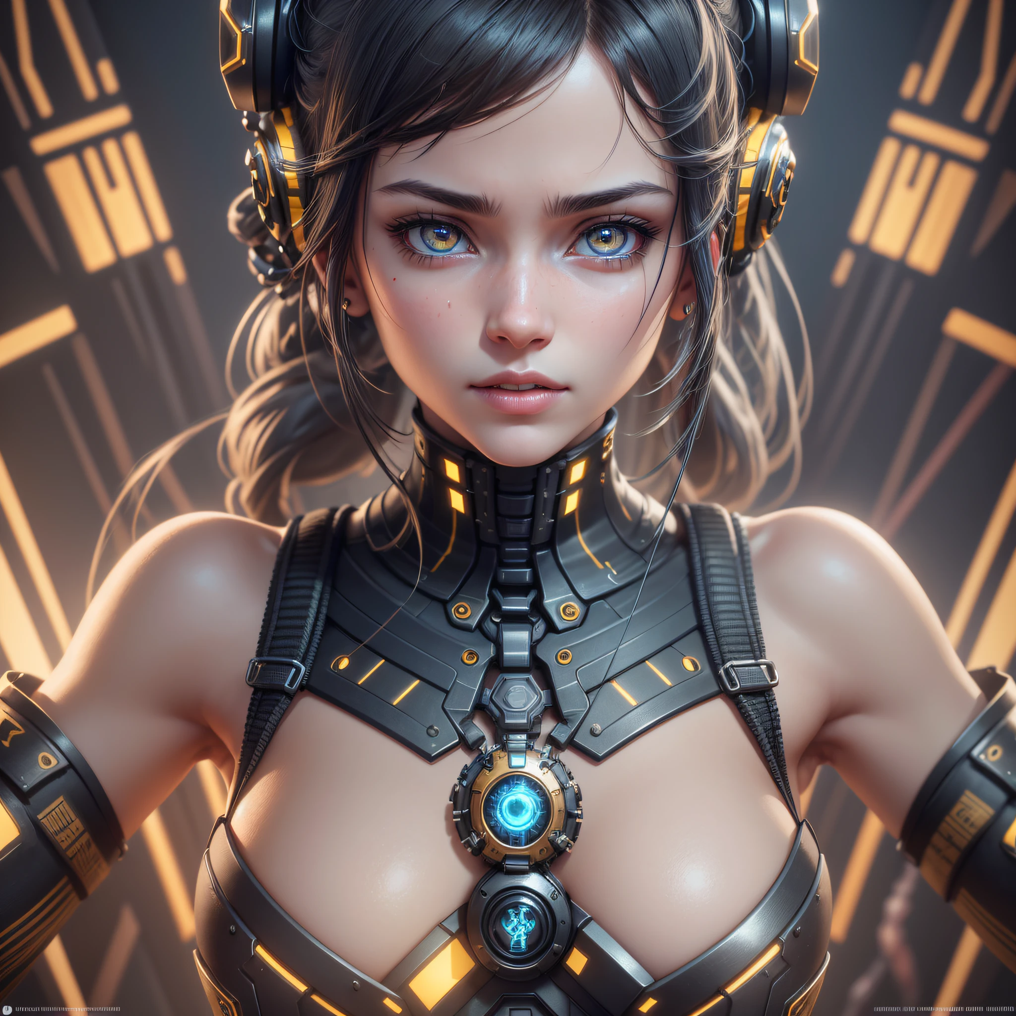 1mechanical girl,((ultra realistic details)), portrait, global illumination, shadows, octane render, 8k, ultra sharp,metal,intricate, ornaments detailed, cold colors, egypician detail, highly intricate details, realistic light, trending on cgsociety, glowing eyes, facing camera, neon details, machanical limbs,blood vessels connected to tubes,mechanical vertebra attaching to back,mechanical cervial attaching to neck,sitting,wires and cables connecting to head --auto --s2