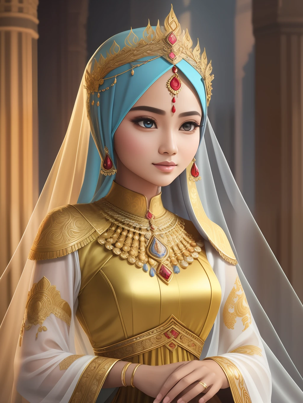 Digital illustration,
Intricately digital art painting, Artistic representation of Putri Anarawati, a legendary princess from Indonesian folklore, known for her beauty and grace, use Long sleeve clothes with hijab in traditional Javanese, face detailed
Lighting: Soft and ethereal light, creating a dreamy atmosphere with shadows
Camera: Close-up
Shot: Graceful pose
Render: Detailed with dreamcore, and a touch of fantasy