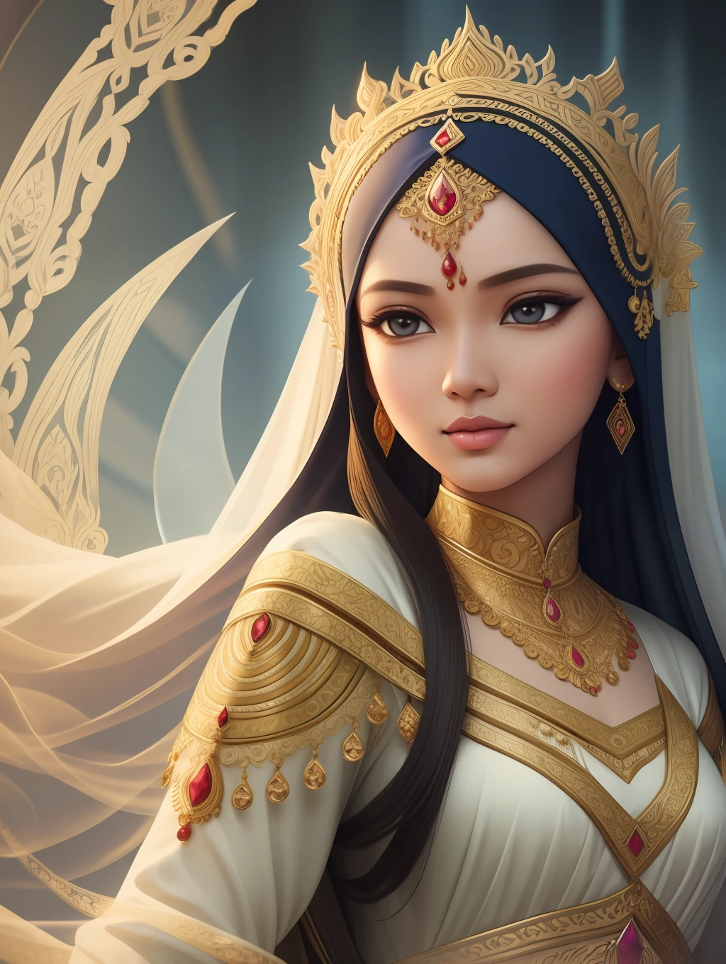 Digital illustration,
Intricately digital art painting, Artistic representation of Putri Anarawati, a legendary princess from Indonesian folklore, known for her beauty and grace, use Long sleeve clothes with hijab in traditional Javanese, face detailed
Lighting: Soft and ethereal light, creating a dreamy atmosphere with shadows
Camera: Close-up
Shot: Graceful pose
Render: Detailed with dreamcore, and a touch of fantasy