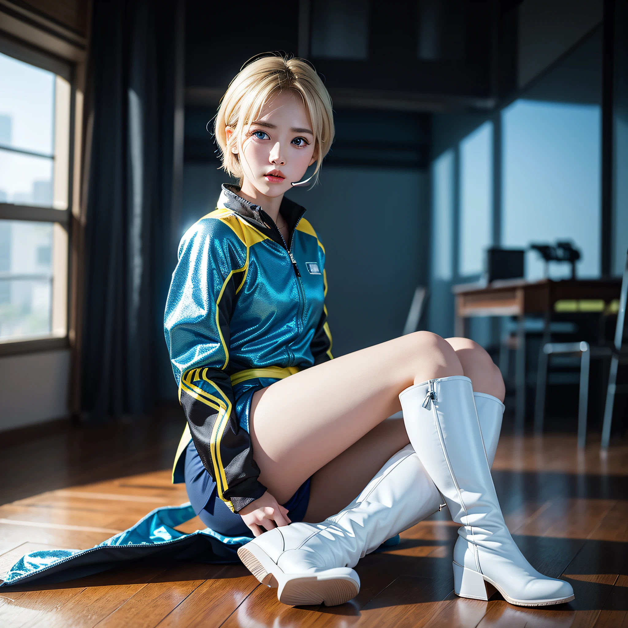 Full body, petite woman, (yinchuan:1.5), masterpiece, best quality, raw photo, photorealism, face, incredibly ridiculous, beautiful girl, cute, blonde short hair, cohesive hair, depth of field, high resolution, ultra detail, fine detail, highly detailed, highly detailed eyes and face, sharp pupils, realistic pupils, sharp focus, cinematic lighting, duck mouth, indoors, one-ear headset, mystical powers, suspended particles, reflections, so cute, sparkly blue color eyes, golden hour lighting, pilot suit in white and blue and black colors, tight fit clothes, full body covering clothes, long boots, supine lying,