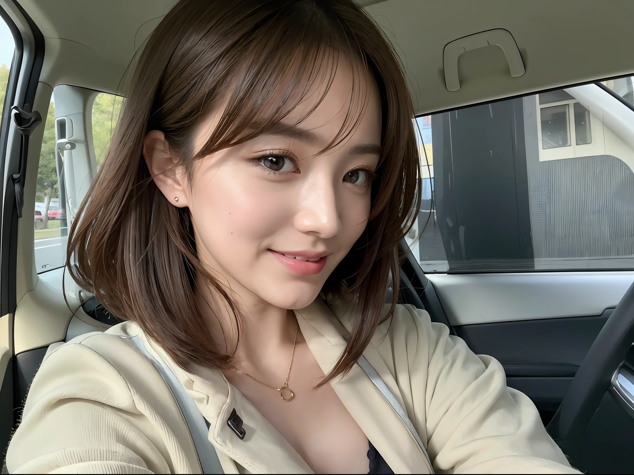(Masterpiece:1.3), (8K, Photorealistic, RAW Photography, Best Quality: 1.4), Japan People, Beautiful Face, (Realistic Face), (Medium Hair:1.3), Realistic Eyes, Beautiful Eyes, Beautiful Eyes, (Realistic Skin), Beautiful Skin, Attractive, Ultra High Definition, Ultra Realistic, High Definition, Office Lady, Night, Driving a Car, Getting behind the Wheel, Smiling, White Shirt, Jacket, Selfie, Cleavage,