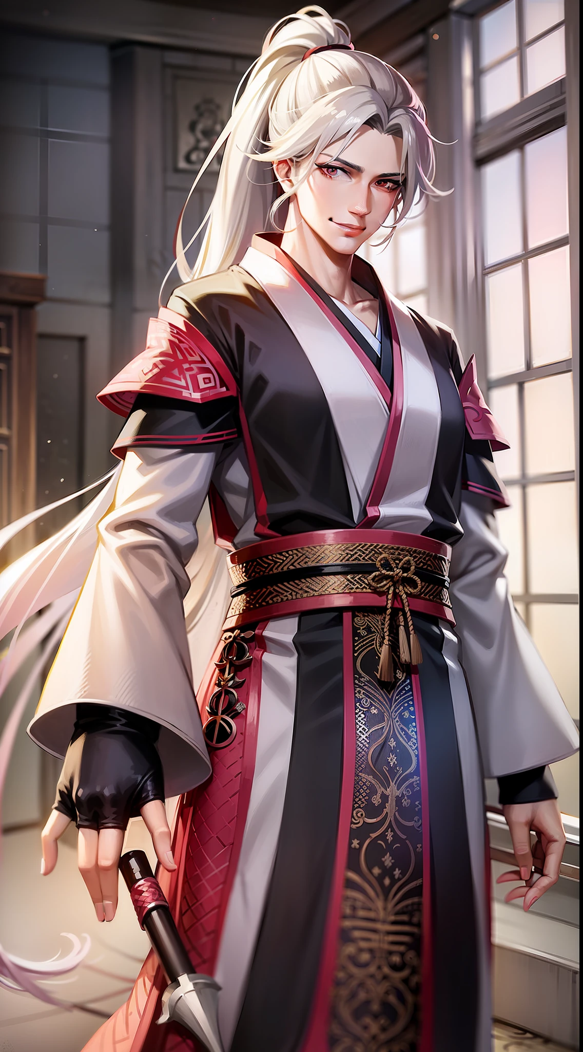 Young tall guy, long gray hair, pink eyes, high ponytail, hanfu, spear, smile, herons, masterpiece, high quality