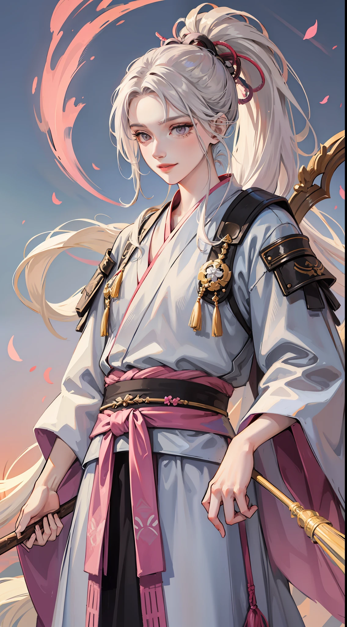 Young tall guy, long gray hair, pink eyes, high ponytail, hanfu, spear, smile, herons, masterpiece, high quality