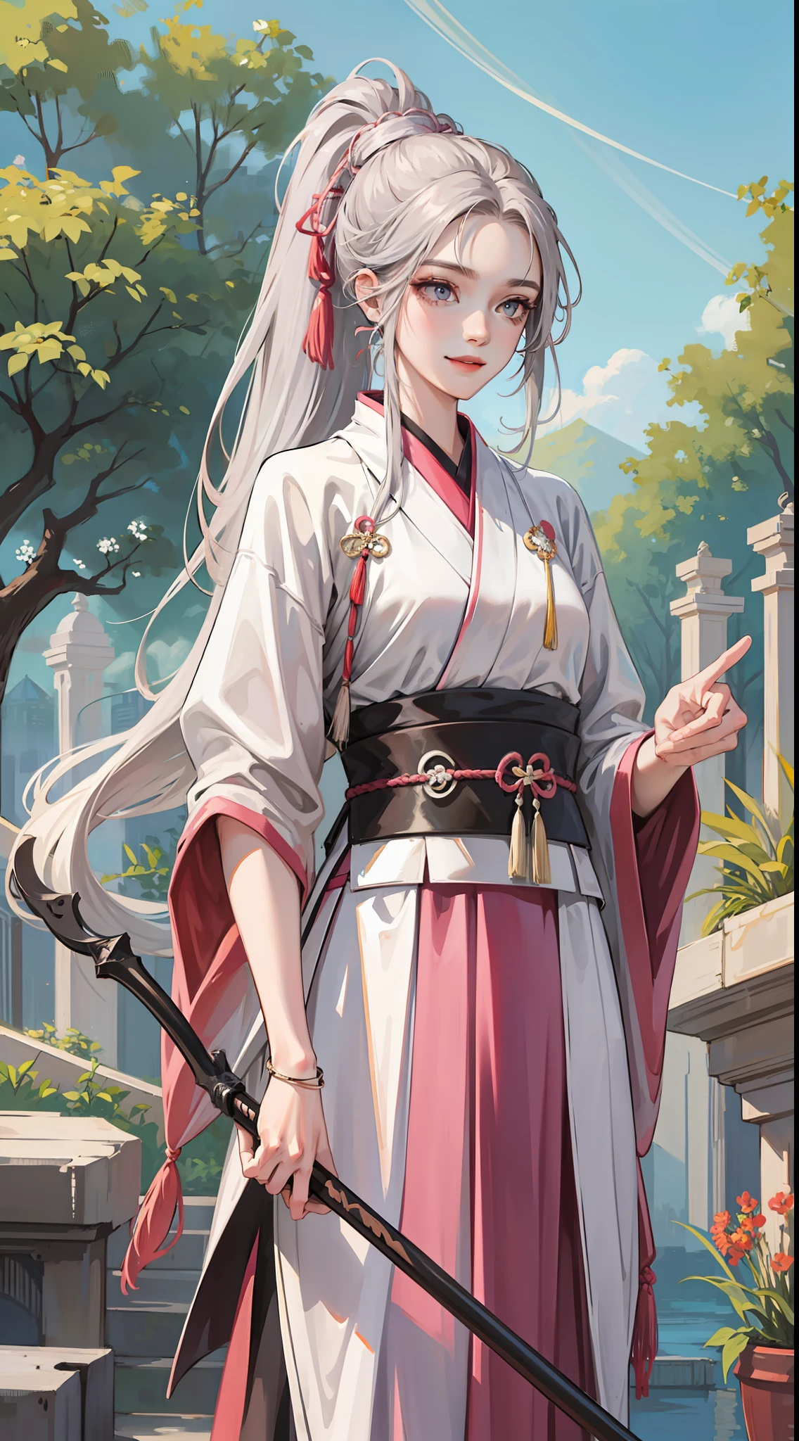 Young tall guy, long gray hair, pink eyes, high ponytail, hanfu, spear, smile, herons, masterpiece, high quality