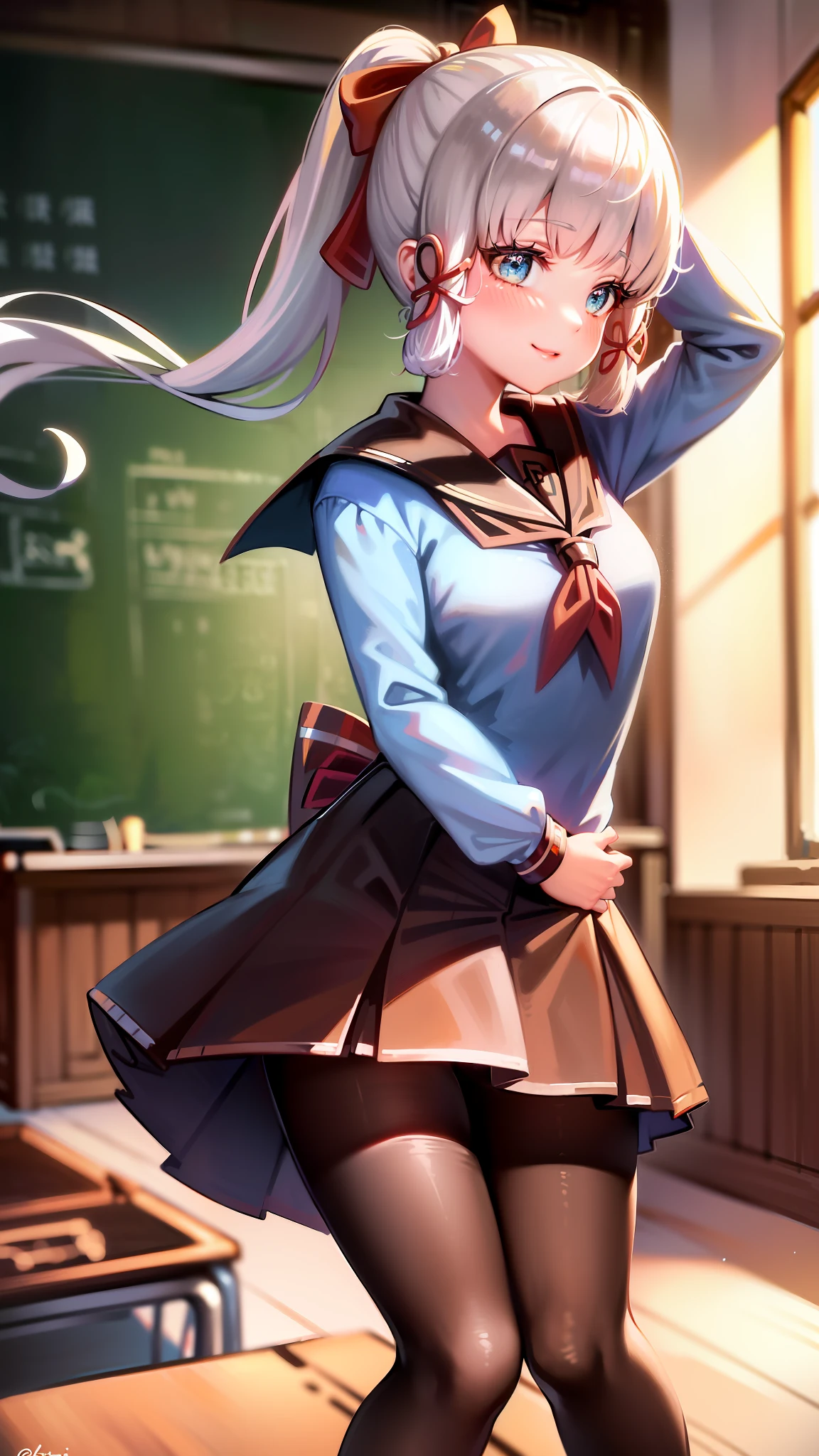 ((Best Quality)), ((Illustration)), ((High Quality), ((Masterpiece)), ((ultra_detailed)), 1 Girl, Denim Shot, Straightforward, Standing, Laughing, Long Hair, Floating Hair, Hands in Pockets, Hands on the Back of the Head, Bangs, Looking at the Audience, Smile, Blush, (((School Uniform)), Pleated Skirt, (((Serafuku)), Red Ribbon, , Long Sleeves, Pantyhose, Brown Wooba, Solo, Classroom, Pee