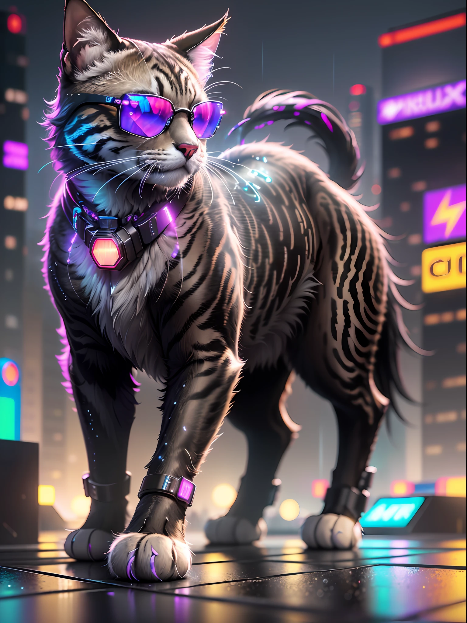 (masterpiece, high resolution, cyberpunk style:1.4), sleek, all-black cyberpunk cat, sporting stylish sunglasses, confidently striding along the rooftop of a house, (urban cityscape in the background:1.2), (neon lights illuminating the scene:1.1), (rain-soaked streets below:1.1), (glimmers of futuristic technology:1.2), (holographic billboards displaying vibrant advertisements:1.1), (metallic accents on the cat's collar:1.2), (mysterious aura surrounding the feline:1.1), (subtle glow emanating from its cybernetic implants:1.2), (shimmering raindrops on its sleek fur:1.1), (reflective sunglasses revealing a hint of its piercing gaze:1.4), adding an extra touch of cyberpunk flair, Cinematic, Hyper-detailed, insane details, Beautifully color graded, Unreal Engine, DOF, Super-Resolution, Megapixel, Cinematic Lightning, Anti-Aliasing, FKAA, TXAA, RTX, SSAO, Post Processing, Post Production, Tone Mapping, CGI, VFX, SFX, Insanely detailed and intricate, Hyper maximalist, Hyper realistic, Volumetric, Photorealistic, ultra photoreal, ultra-detailed, intricate details, 8K, Super detailed, Full color, Volumetric lightning, HDR, Realistic, Unreal Engine, 16K, Sharp focus, octane render --v testp