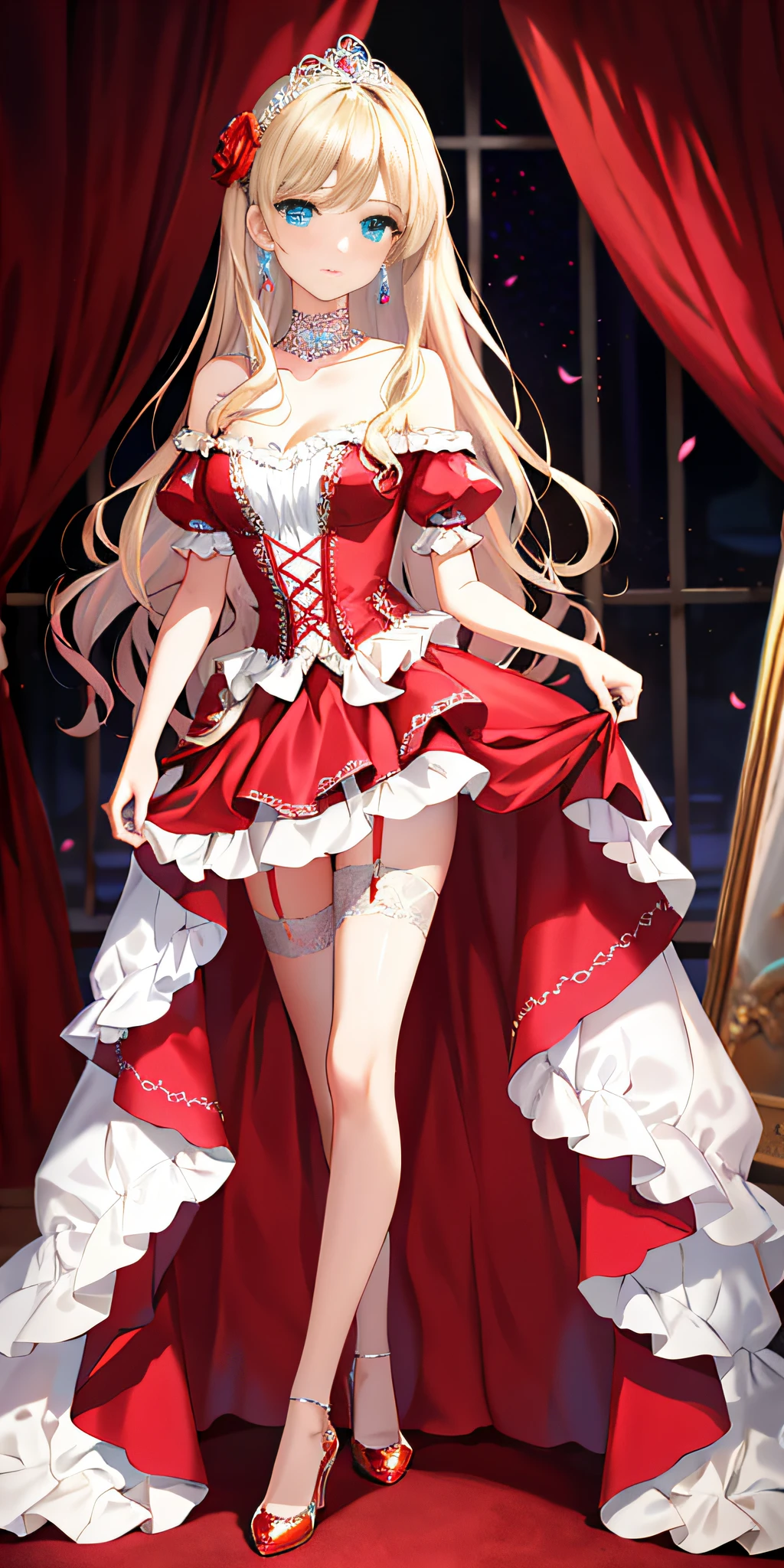 [red:aqua:0.65] theme, masterpiece, a girl's masterpiece, detailed visual art, blue eyes, light blonde hair, long hair, collarbone, royal princess, elegant, gorgeous quinceanera pink dress, detailed layered skirt, [detailed frills: 0.1], [frilled dress: 0.1], embroidery, [detail princess dress: 0.1], off-the-shoulder, big breasts: 1.3, open crotch, thigh seam, garter, groin, [NSFW|Uncensored],, low-winged, full-body, shiny crystal shoes