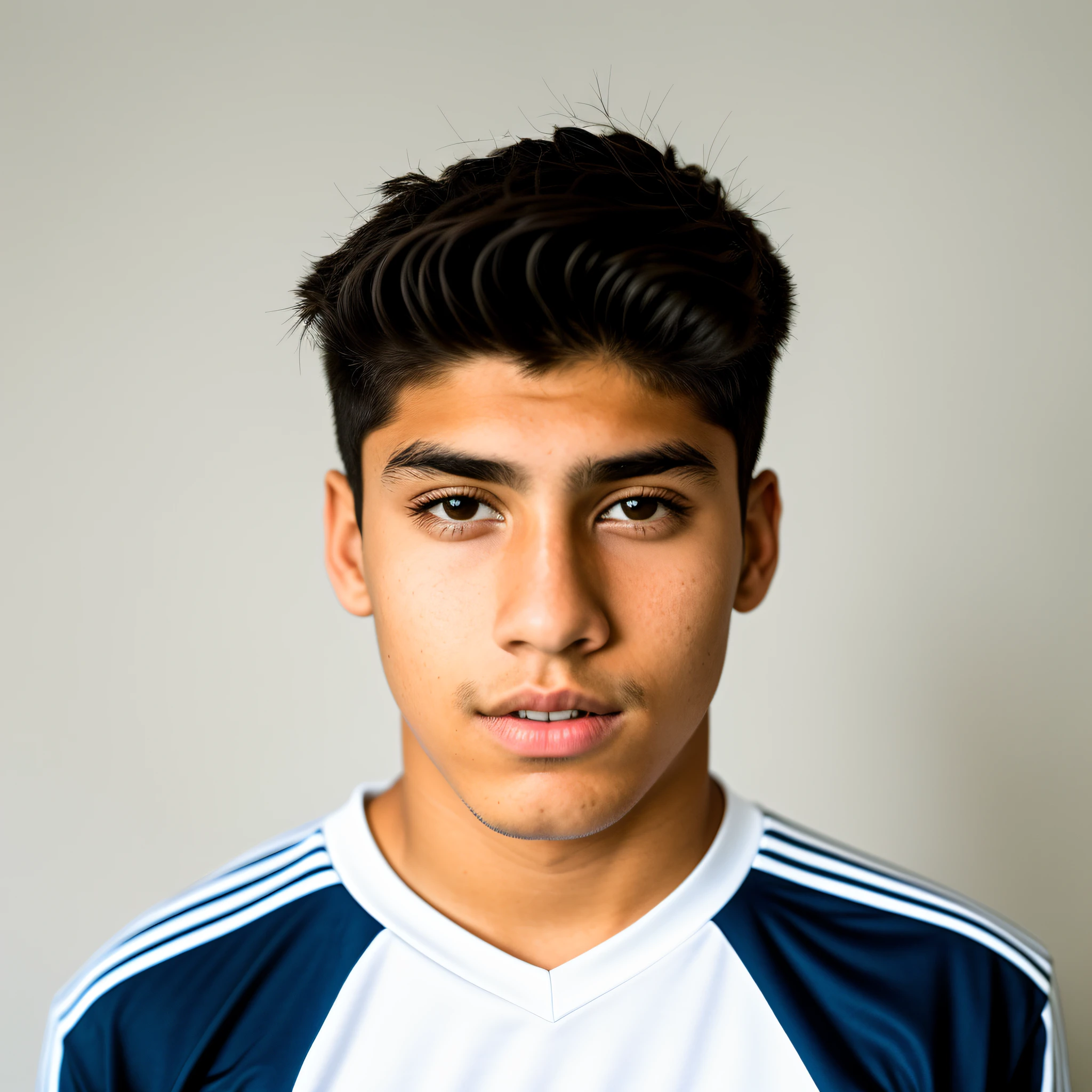 man with a football shirt and a white background, detailed face of a mexican boy, 20 years old,