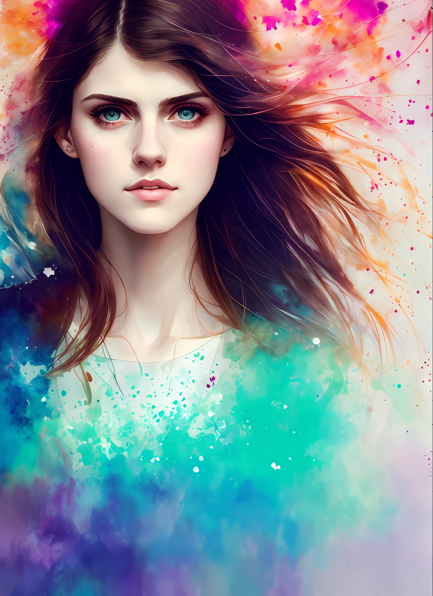 Alexandra Daddario by agnes cecile, luminous design, pastel colours, ink drips, autumn lights