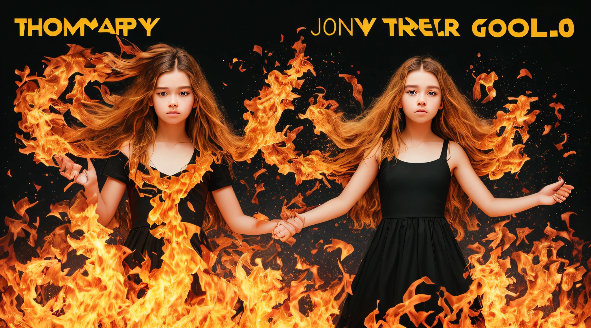 image (), long hair gold, surrounded by fire, in a black dress with a black top, new music, tiktok video, tiktok 4k uhd image, tiktok, trending on tiktok, trending on spotify, music album art, new album cover, real trending on instagram image, very low quality image, blurry, meme format, an album cover